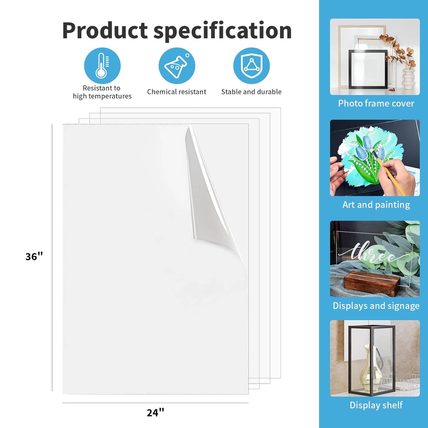 Art3d 5-Pack of 24ร36" PET/Plexiglass Sheets, Transparent Clear Flexible Plastic Sheet Panels for Craft, Picture Frames, Sign Blank, DIY Display Project