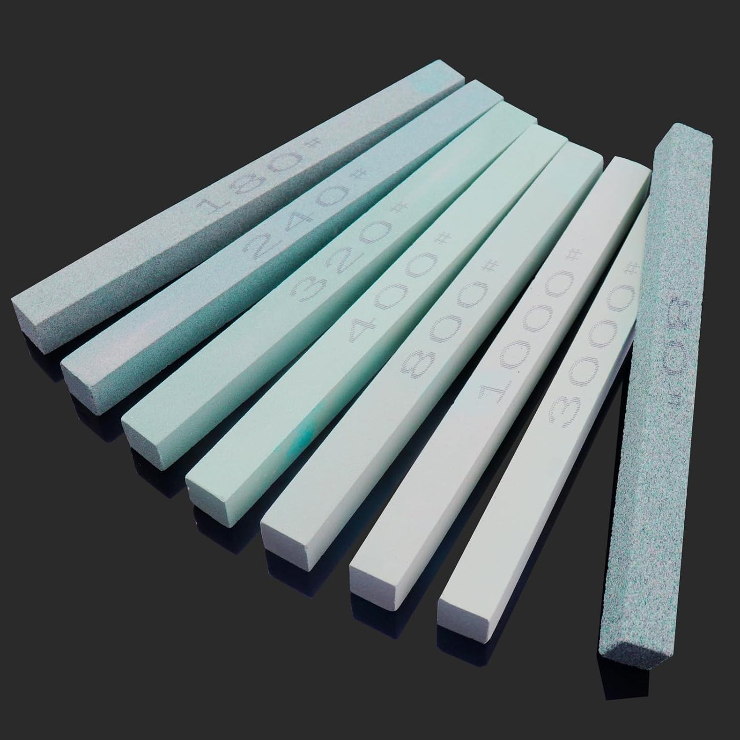 8 pcs Rectangular Shaped Sharpening Stone Sticks Set, 5.92inch Green Silicon Carbide Stones, Grit Sizes 80#-3000# for Models, Metal, & Knife Cutting Tools
