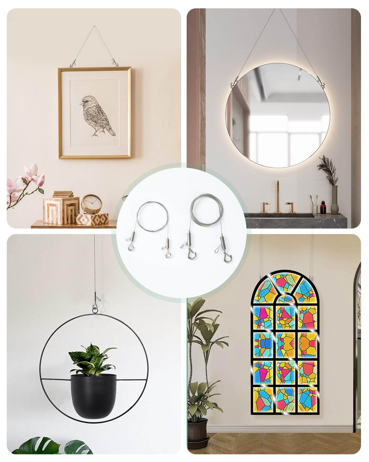 2PCS Adjustable Picture Hanging Wire 2m x 1.5mm Large Hooks, Picture Frame Wire Kit Heavy Duty 100lbs, Stainless Steel for Art, Mirror, Light Lamp, Billboards, Basket Flowerpot
