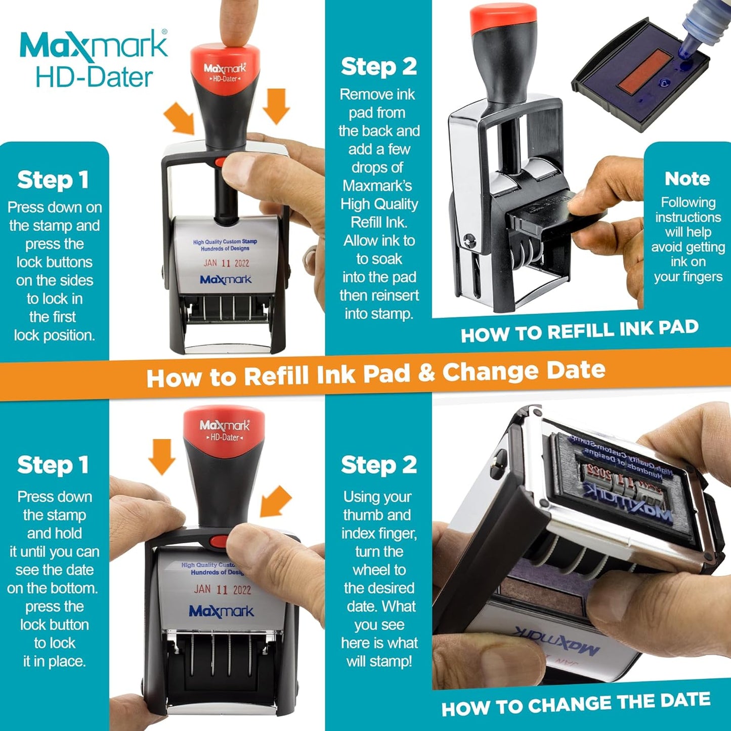 MaxMark Heavy Duty Self Inking Date Stamp with Phrase Scanned - Red Ink