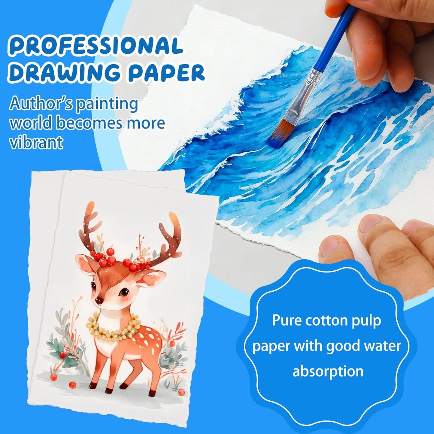 Lunarm Watercolor Paper 50 Sheets, Deckled Edge Paper 300 GSM 4 x 6 inch, Handmade Textured Cotton Paper for Wedding Invitation, Oil Pastel, Watercolor Painting and Cards, Crafts