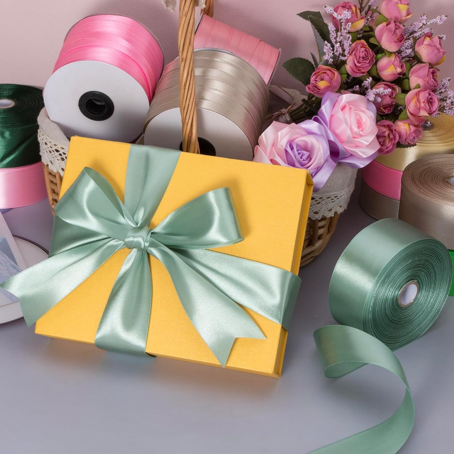 1 1/2 Inch Sage Green Solid Satin Ribbon, 50 Yards Craft Fabric Ribbon for Gift Wrapping Floral Bouquets Wedding Party Decoration