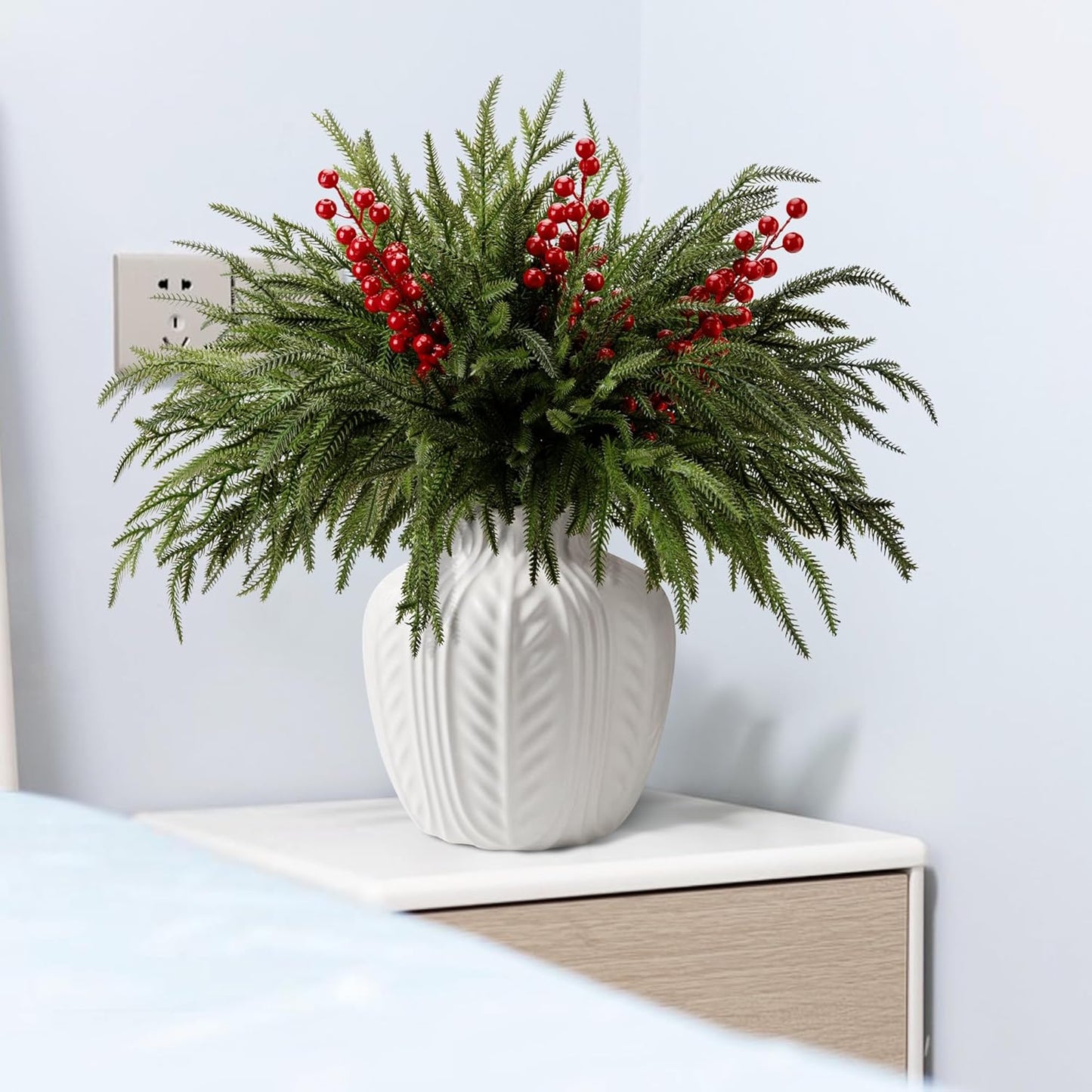 15 Pcs Christmas Norfolk Pine Branches with Red Berry Stems, 19" Extra Long Fake Greenery Norfolk Pine Stems Sprigs, Artificial Xmas Branches Plants Pine Leaves for DIY Craft Garland Home Decor