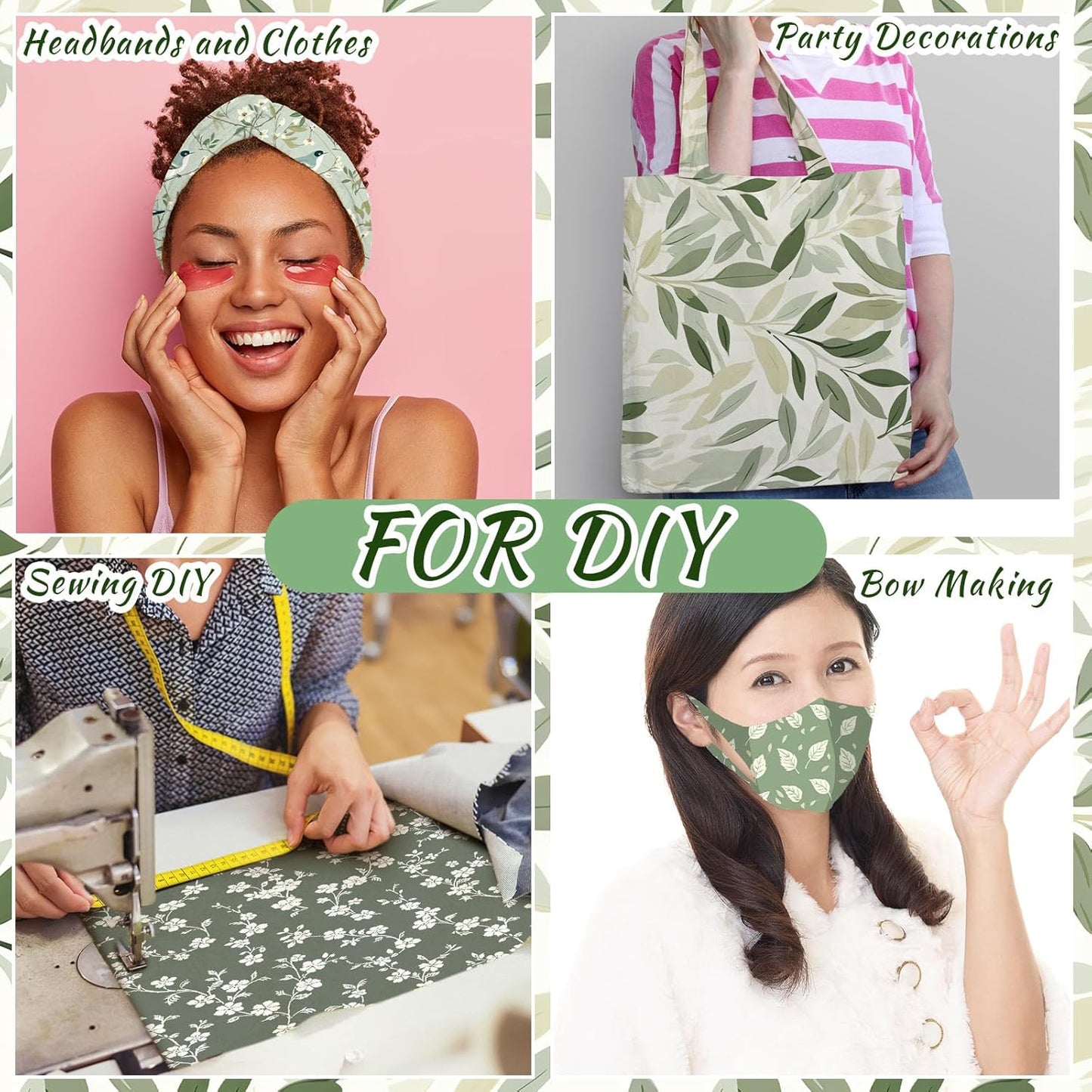 Ganeen 60 Pcs 10 x 10 Inch Sage Green Floral Quilting Fabric Squares Vintage Greenery Fat Patchwork Precut Strips Retro Eucalyptus Printed Fabric Bundles for Holiday DIY Craft Sewing Quilt Material