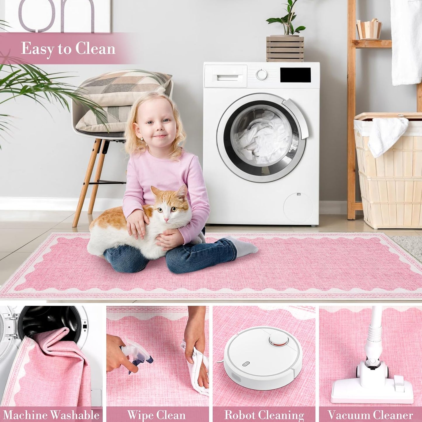 Scalloped 3x5 Rugs for Entryway, Small Area Rug Solid Pink Rug for Bedroom Girls, 3x5 Washable Rugs for Living Room, Non Slip Scalloped Bath Mat, Soft Dorm Nursery Carpet for Bedside