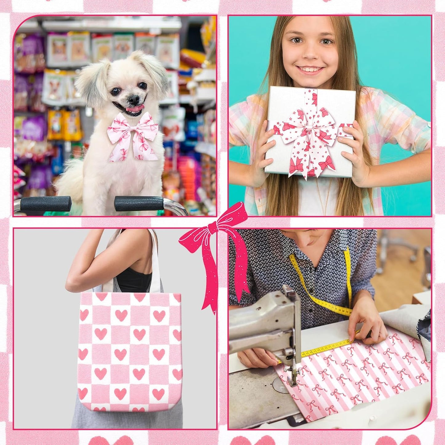 Ganeen 60 Pcs 10 x 10 Inch Pink Bows Quilting Fabric Squares Coquette Pink Bow Fat Patchwork Precut Strips Plaid Dot Heart Coquette Fabric Bundles for Holidays DIY Craft Sewing Handmade Material Gifts