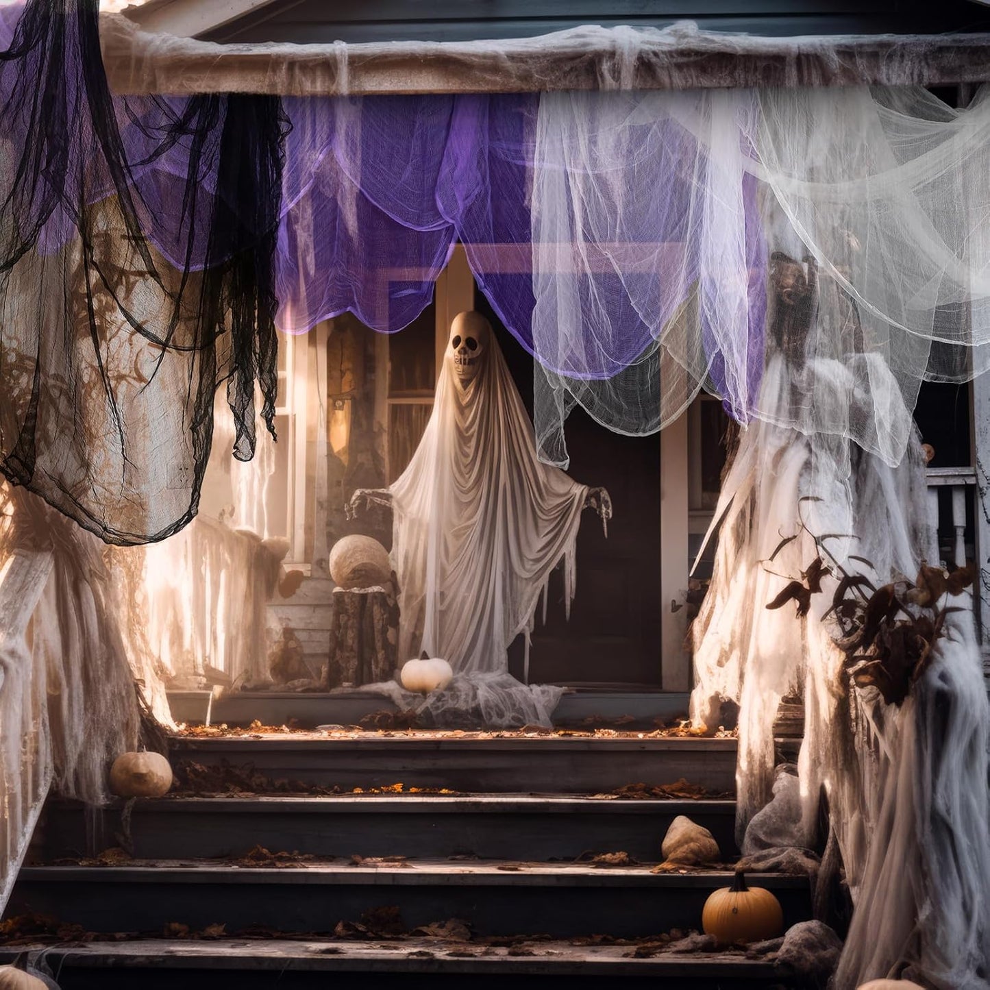 Boao Halloween Cheese cloth 84.65 x 590.55 Inch White Black and Purple Cheesecloth Roll for Crafts Large Cotton Muslin Gauze Fabric for Halloween Outdoor & Indoor Spooky Decoration