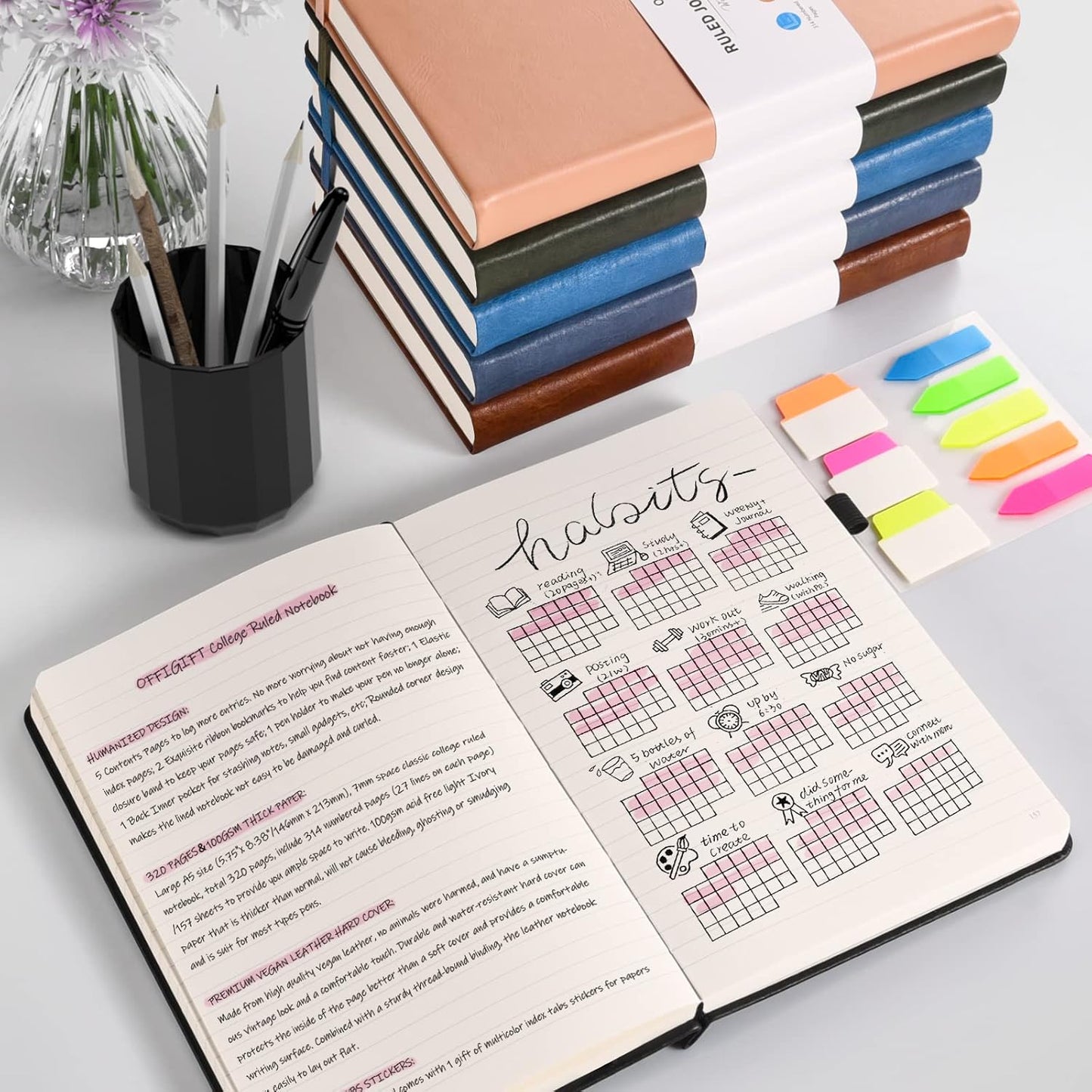 Lined Journal Notebook, Large A5 College Ruled Notebook, 312 Numbered Pages Work Notebook with Index Stickers, 100gsm Paper, Hardcover Vegan Leather Journal for Women Men School Office, Grey Blue
