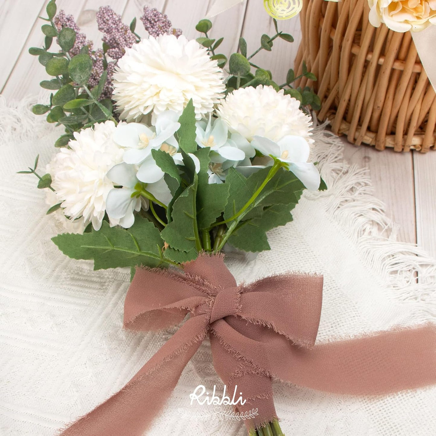 Ribbli Chiffon Silk Ribbon, 1.5 inch x 30 Yard, Blush Pink/Dusty Pink/Mauve Fringe, Wedding Invitations, Bridal Bouquets, Flower Arrangement
