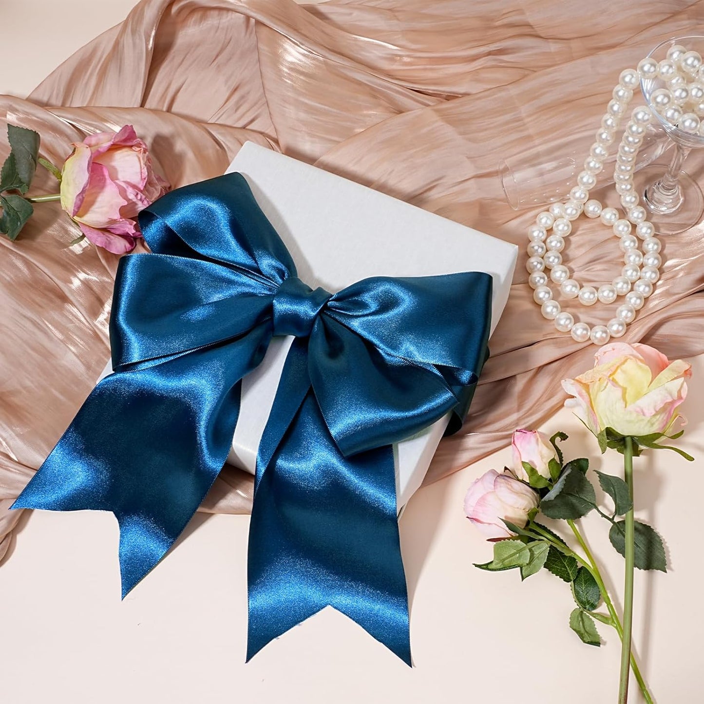 LaRibbons Navy Satin Ribbon 3 Inch 10 Yards Double Faced Luxury Navy Silk Ribbon for Gift Wrapping Flower Bouquets Bow Christmas Wedding Party Decoration
