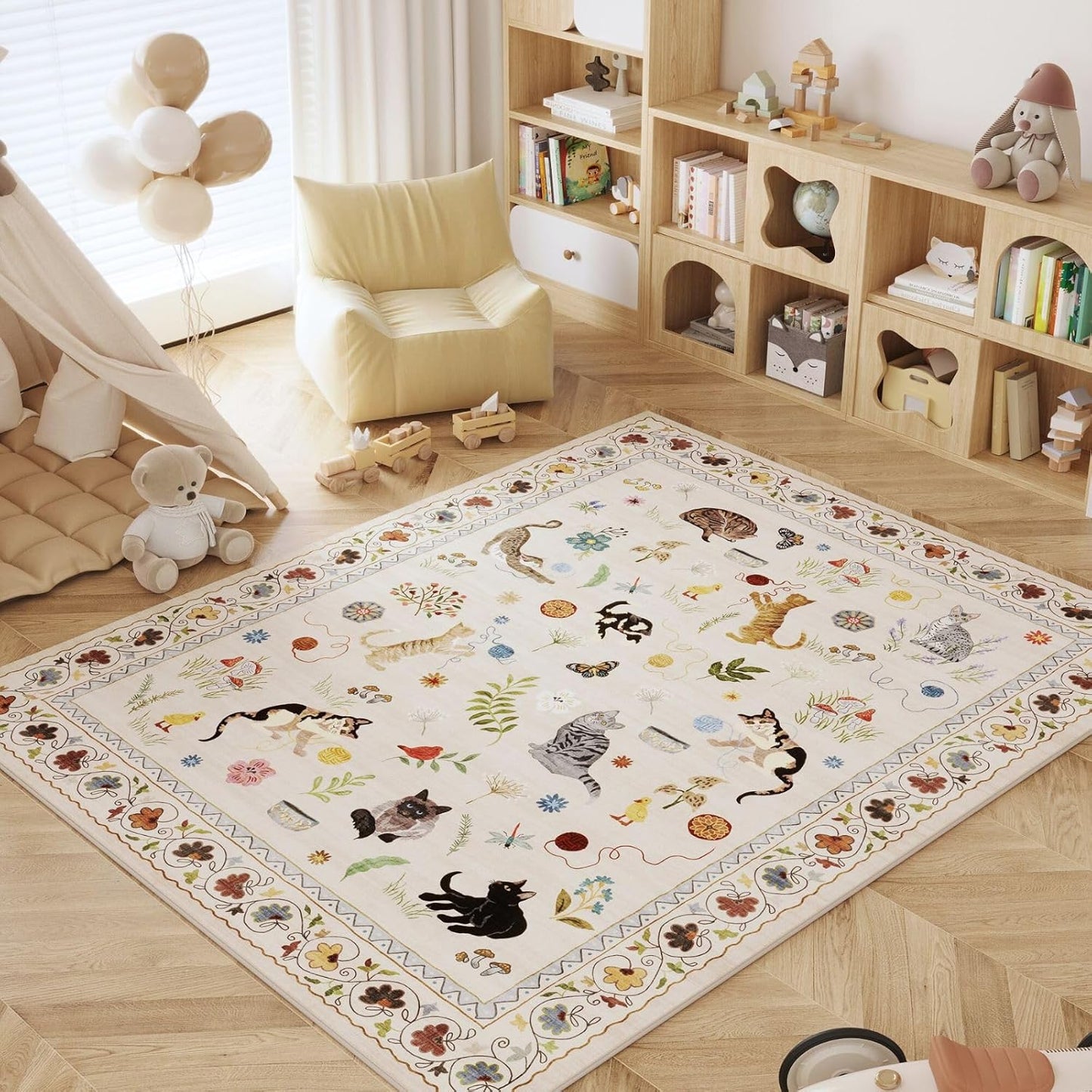 Rugcomf Living Room Rug 6x9 Rug Machine Washable Boho Area Rug Non Slip Floral Animal Cat Vintage Low Pile Large Rug for Living Room Bedroom Farmhouse Dining Room Kids Playroom, Beige