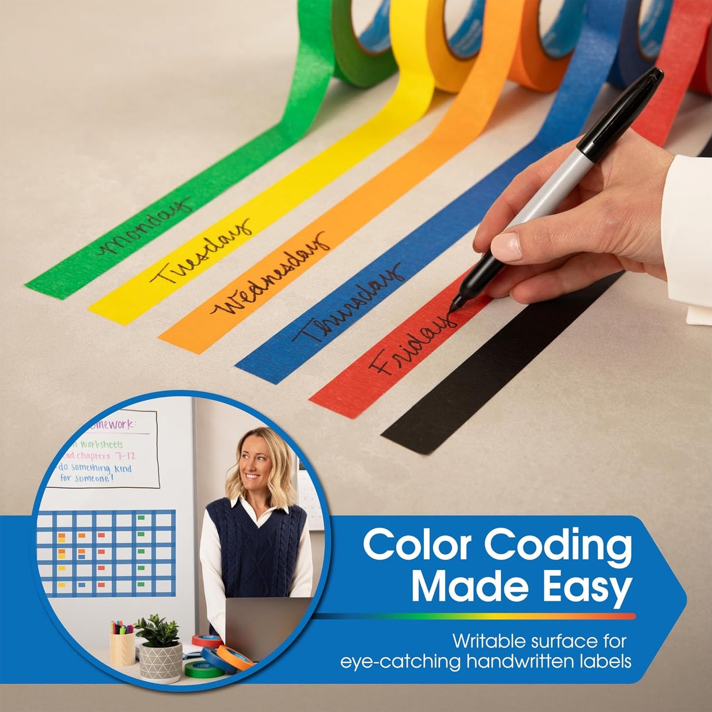 Spartan Industrial - 1" X 60 yd Blue Masking Tape - 3 Color Tape Rolls for Arts and Crafts, Painting, and More - No Residue, 5.5 Mil