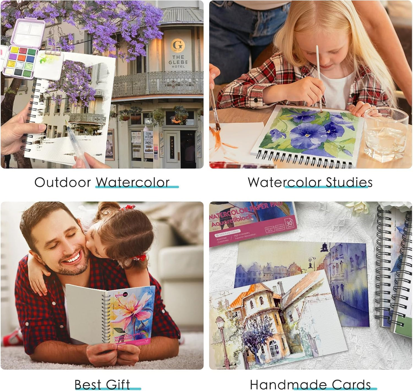 KOVIEDE 100% Cotton Watercolor Paper Pad - 30 Sheets 5.5"x8.5" Spiral Bound, 140lb/300gsm Cold Press Watercolor Sketchbook, Artist Quality Art Journal Supplies for Adults, Kids & Beginners, Green