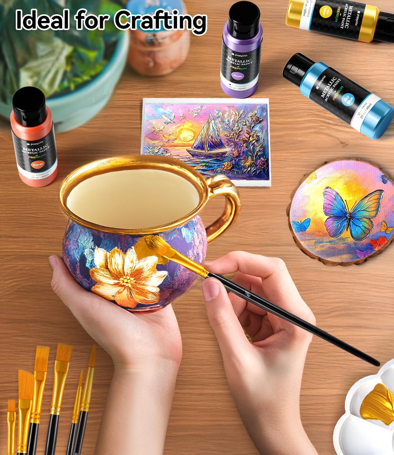 52 PCS Metallic Acrylic Paint Set with 12 Brushes, 2 Knives & Palette, 36 Colors (2oz/60ml) Art Craft Paint for Adults Kids Artists Beginners, Halloween Pumpkin Canvas Ceramic Rock Painting Kit