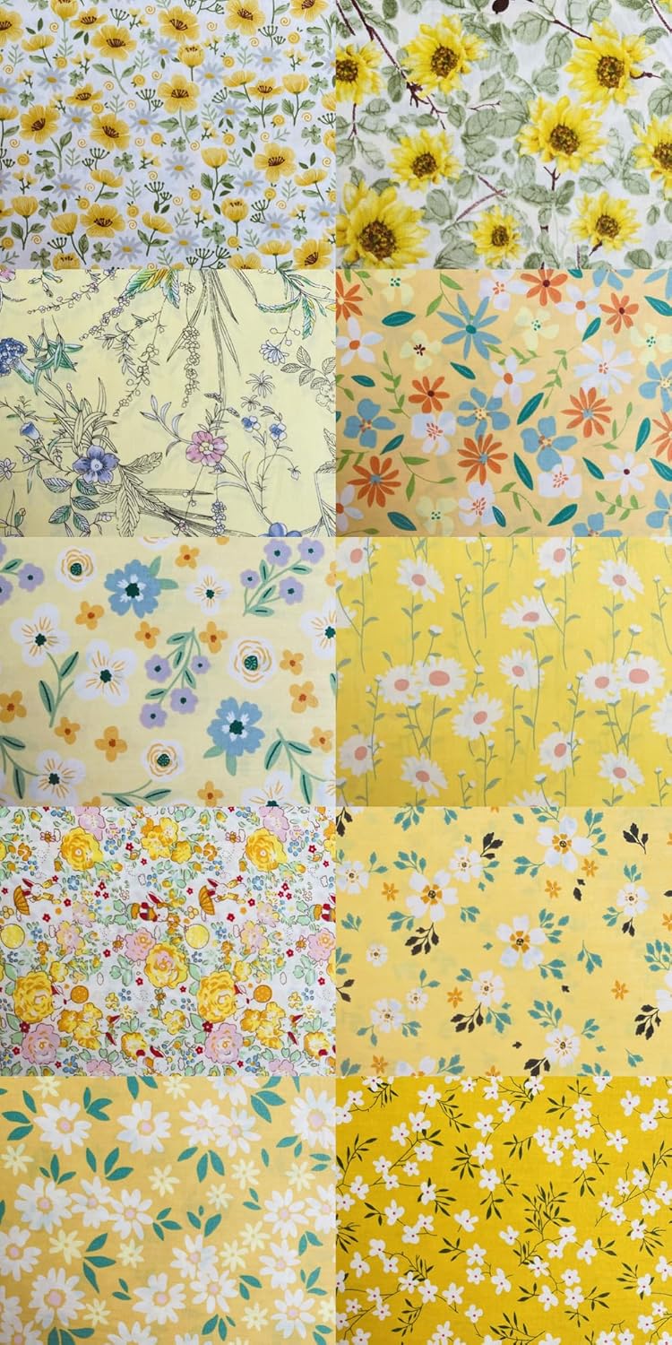 HANPATQUI 50PCS 8 x 8 inch Yellow Printed 100% Cotton Fat Quarters Fabric for Sewing and Quilting Bundles Precut Fabric Square for DIY Craft Patchwork