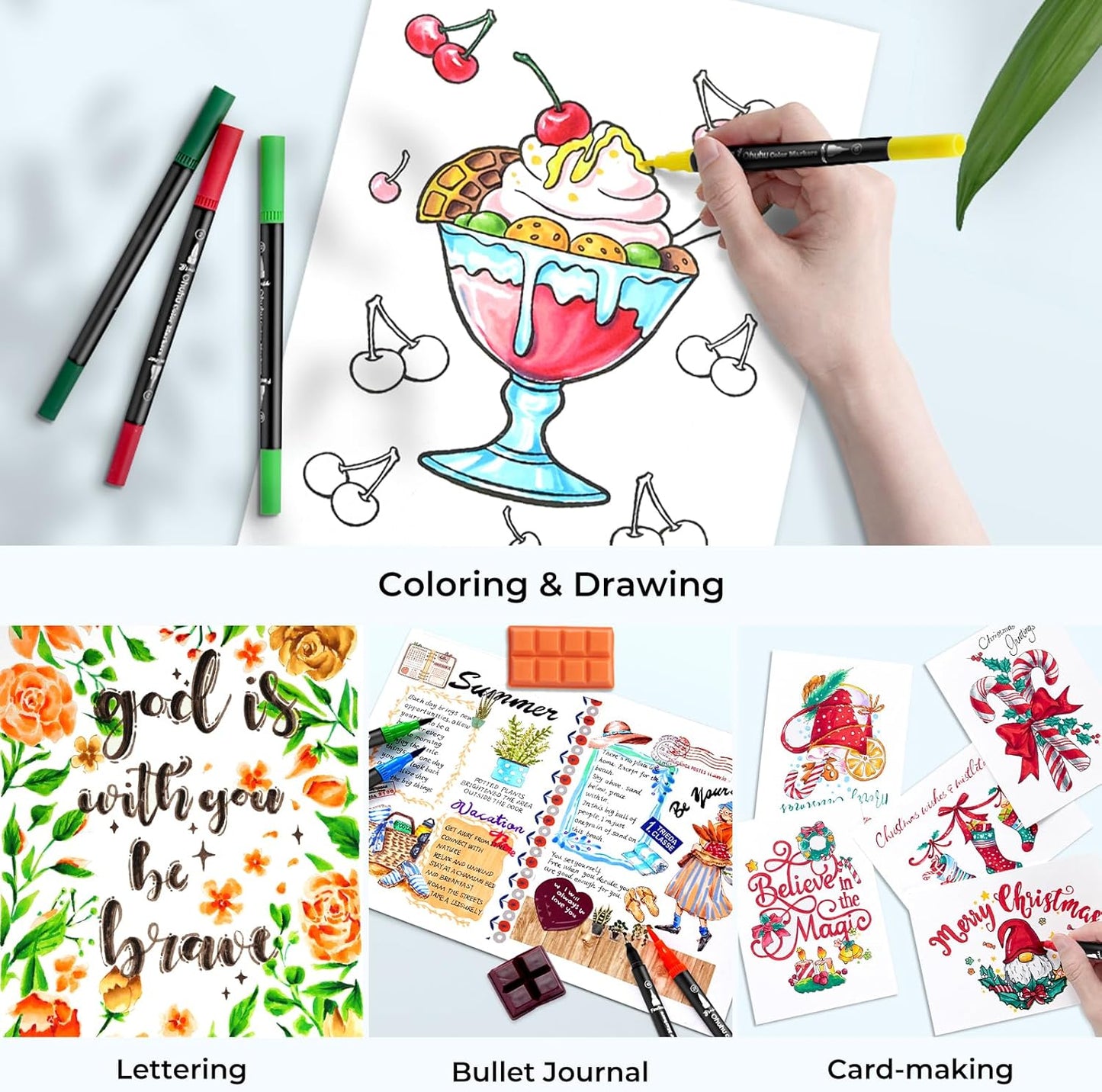 Ohuhu Markers for Adult Coloring Books No bleeding 60 Colors Coloring Markers Water-based Dual Tips Fineliner & Brush Drawing Pens Art Markers for Kids Adults Sketch Journal - Maui - Black