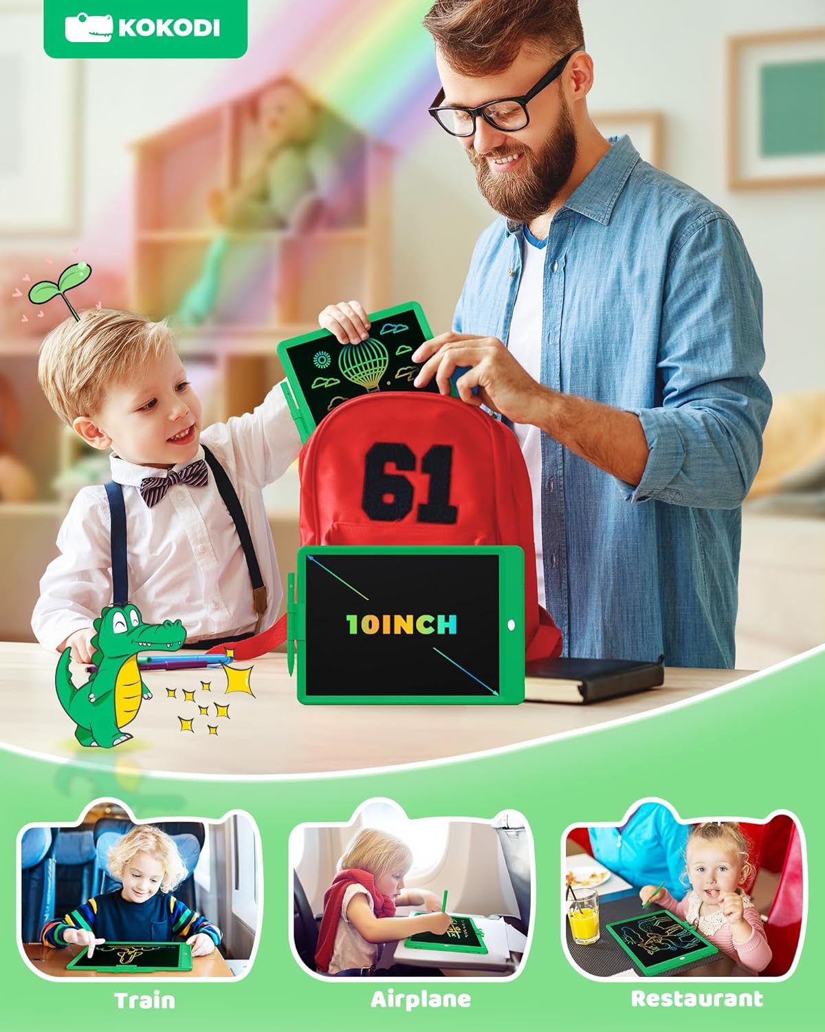KOKODI LCD Writing Tablet, 10 Inch Colorful Toddler Doodle Board Drawing Tablet, Erasable Reusable Electronic Drawing Pads, Educational and Learning Toy for 3-6 Years Old Boy and Girls(Green)