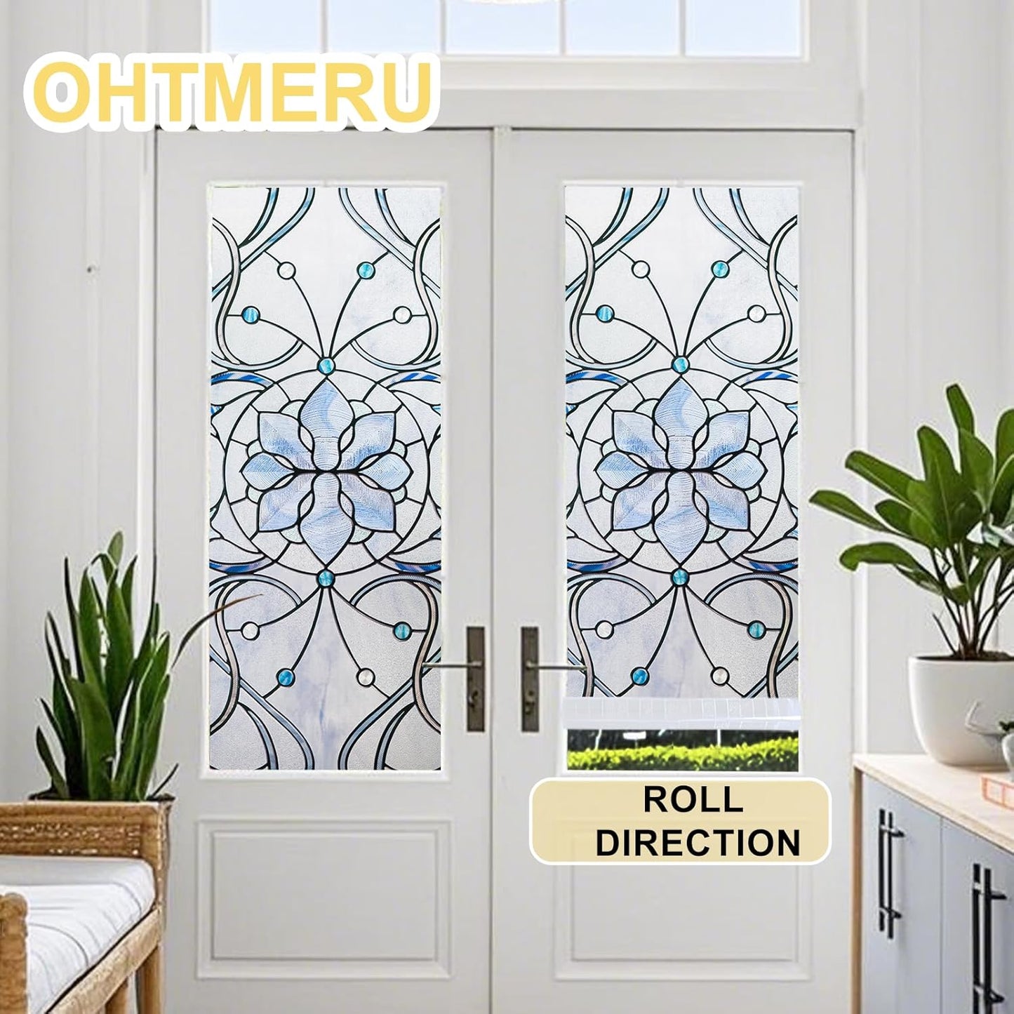 3D Stained Glass Window Privacy Film, Heat Control UV Blocking Static Cling Decorative Window Film for Bathroom,Front Door,Home Non Adhesive,23.6 x 35.4 inches Azure Bloom