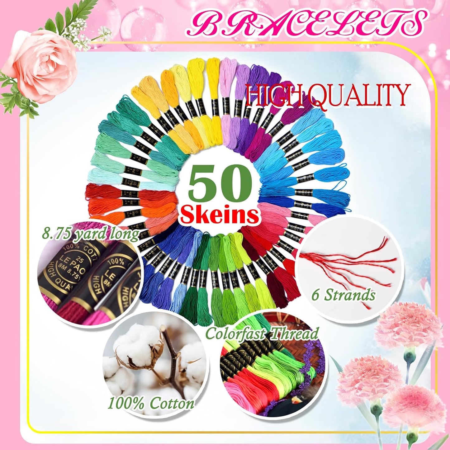 Friendship Bracelet String 50 Skeins Fashionable Rainbow Color Embroidery Floss Cross Stitch Embroidery Thread Cotton Floss Bracelet Yarn, Craft Floss