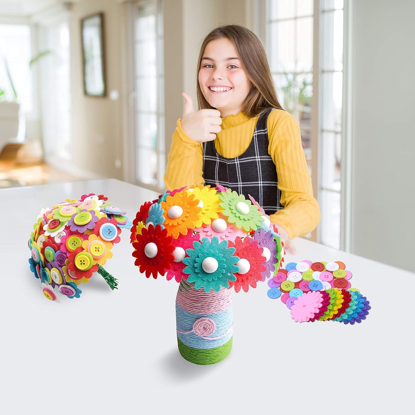 SpriteGru Flower Craft Kit for Kids,Make Your Own Flower Bouquet with Buttons,DIY Activity Gift for Boys & Girls Age 4 5 6 7 8 9 10 Year Old(2 Bouquets and 1 Glass Vase)