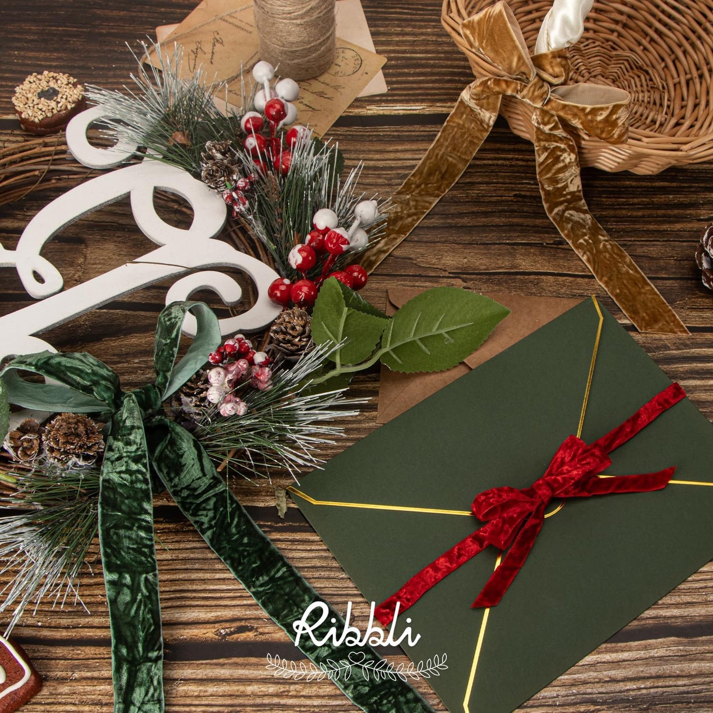 Ribbli Red Velvet Ribbon 1 Inches Luxury Crinkled Red Christmas Ribbon for Gift Wrapping Crafts Home Decor-Continuous 10 Yard