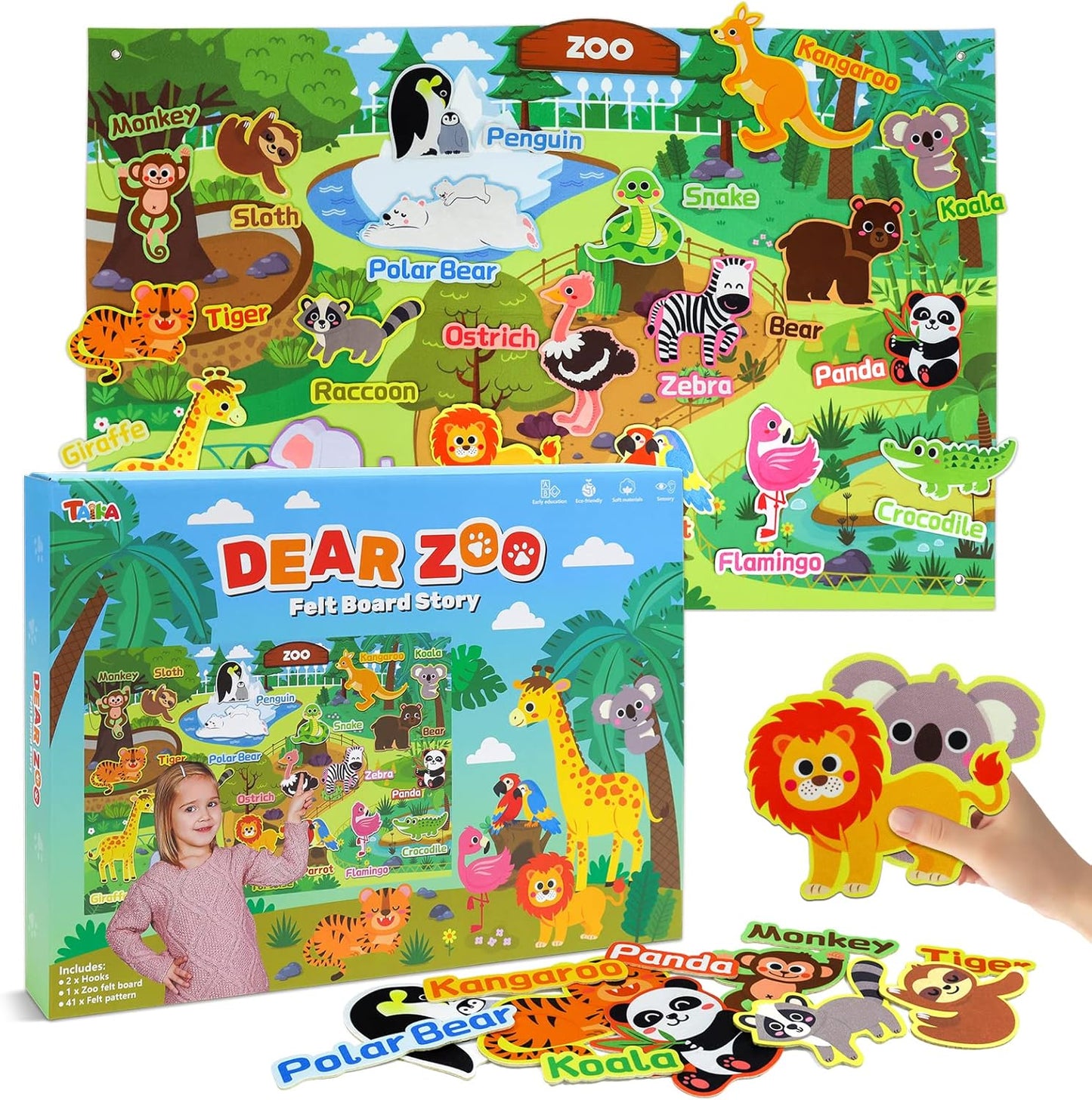 Taika 43x28 inch Zoo Animals Felt Story Board Set, 41Pcs Jungle Animals Toys, Thicker Flannel Board, Preschool Learning Toy, Interactive Storytelling Teaching Play Activity Kits