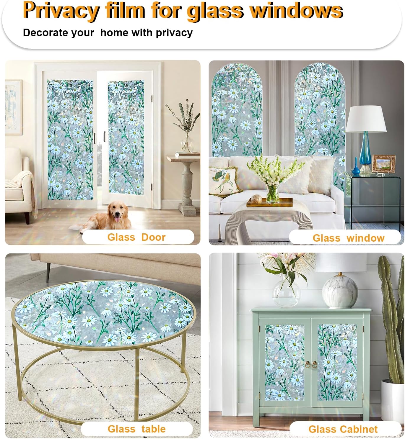 Window Privacy Film Stain Glass Window Film Rainbow Window Film Window clings Non-Adhesive Reusable Decorative for Room (Daisy Rainbow, 17.5 x 78.7 in)