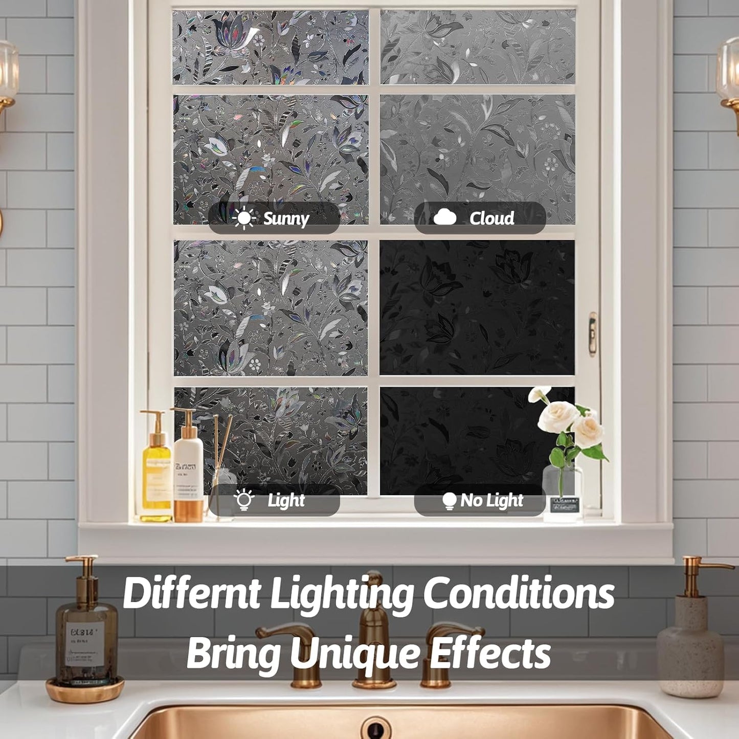 NINETREX Window Privacy Film,Decorative Window Film Frosted,Stained Glass Window Cling,Heat Blocker Non-Adhesive for Home,Grayish Black 17.5 x 157.4inch