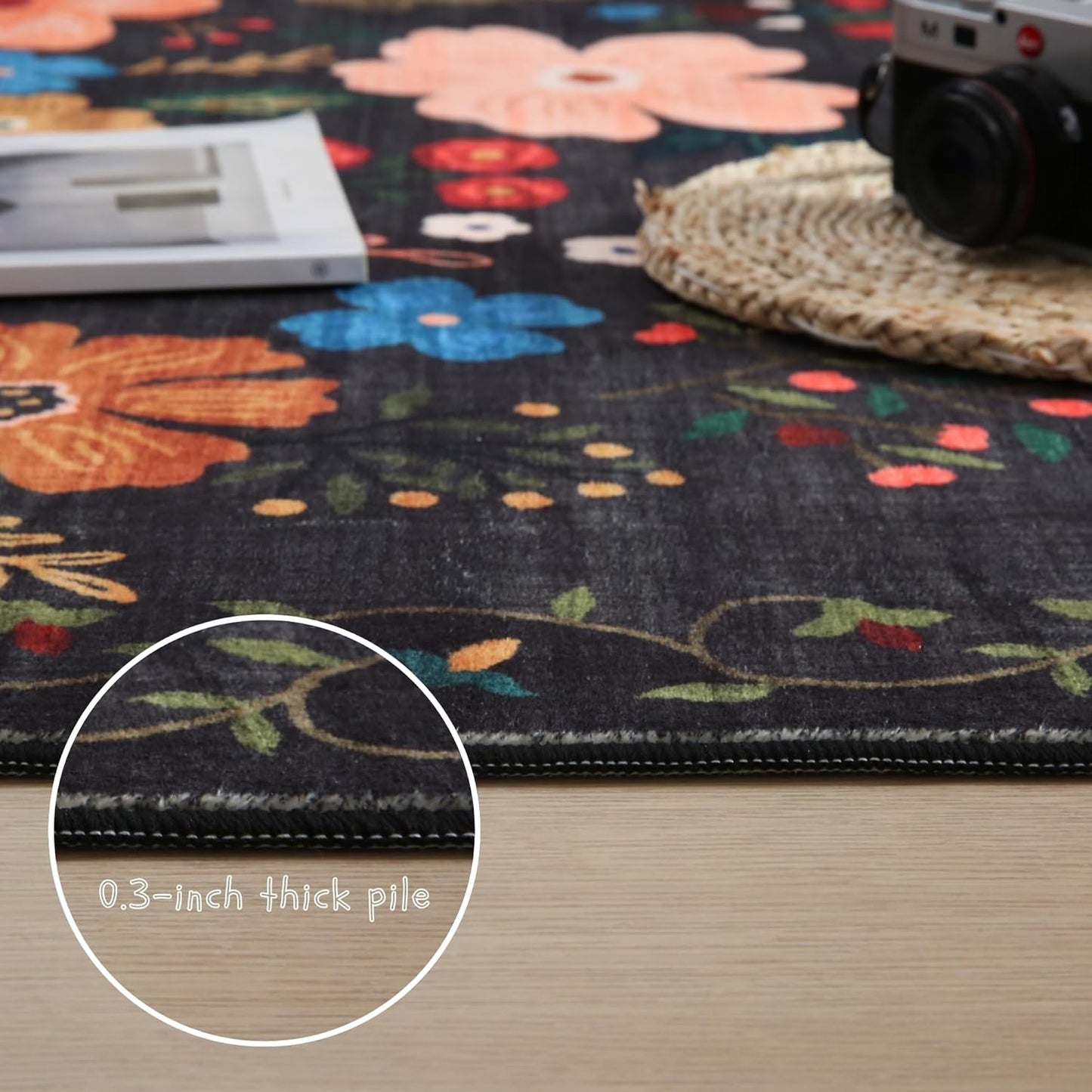 Rugcomf Door Mat Indoor Entrance 2x3 Rug Machine Washable Boho Floral Small Area Rug Non-Slip Low Pile Throw Rugs for Entryway, Kitchen, Front Door Indoor Entrance, Entry, Kids Room (Black)