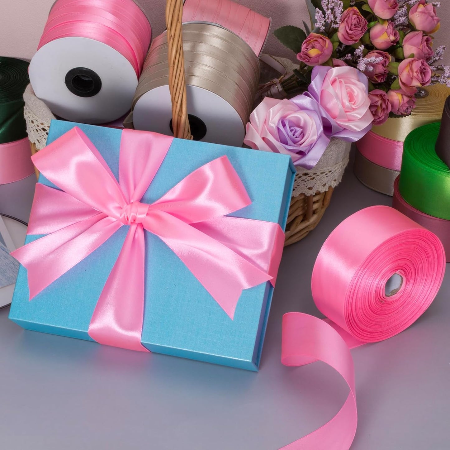 1 Inch Flamingo Pink Solid Satin Ribbon, 50 Yards Craft Fabric Ribbon for Gift Wrapping Floral Bouquets Wedding Party Decoration