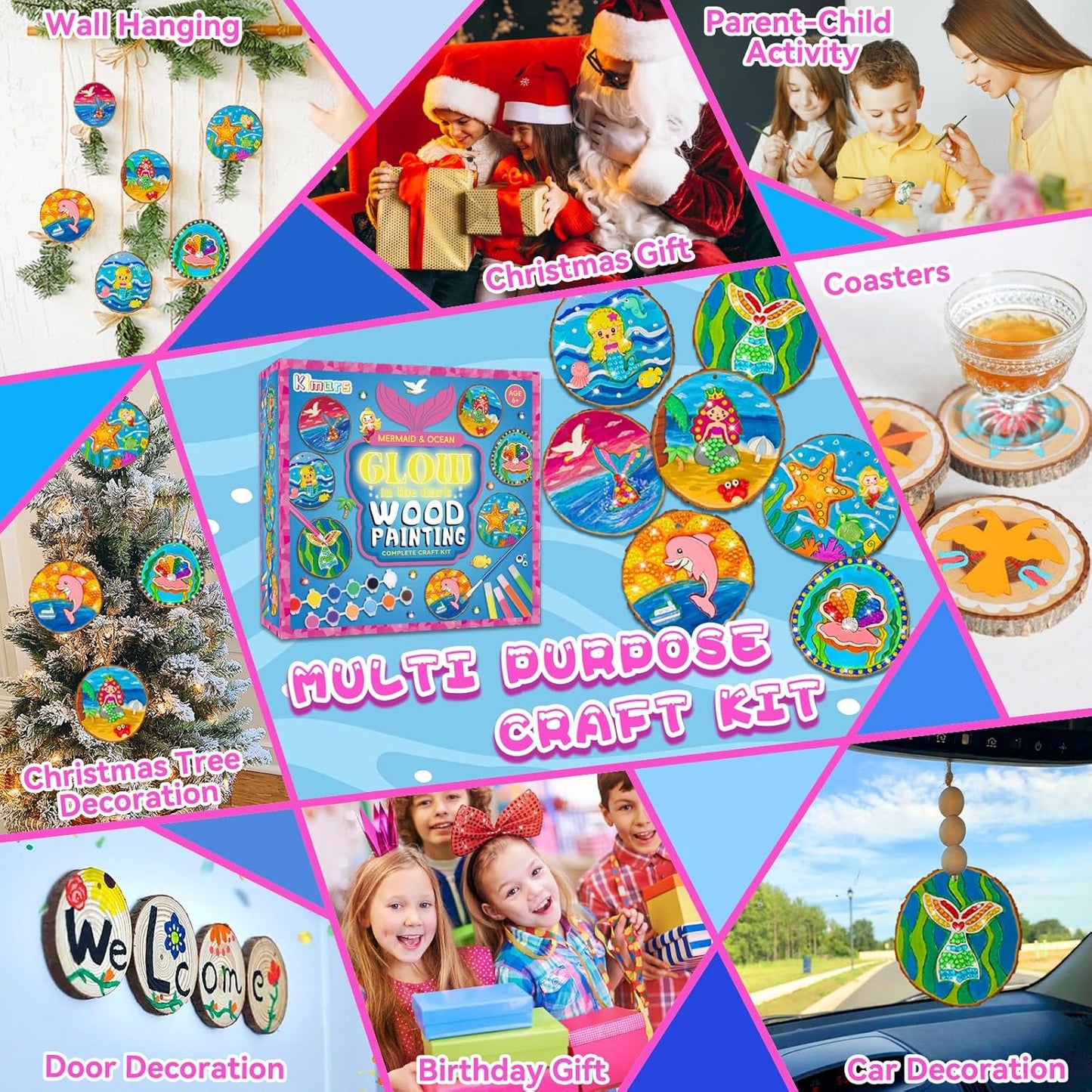 klmars Mermaid Themed Wooden Painting Kit-Glow in The Dark-Arts & Crafts Gifts for Kids Girls Ages 6-12-Wood Slice Craft Activities Kits -Mermaid Art Toys for Kids Christmas Gifts