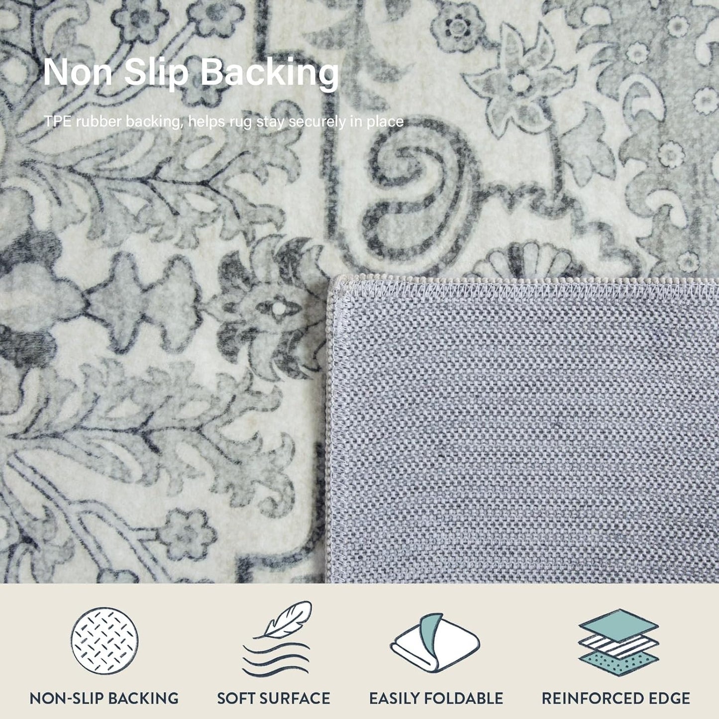 Lahome Area Rug 5x7 Washable Living Room Rug, Large Soft Bedroom Rug, Bohemian Medallion Non Slip Non Shedding Low Pile Accent Print Indoor Carpet for Dining Room Office Playroom, Beige
