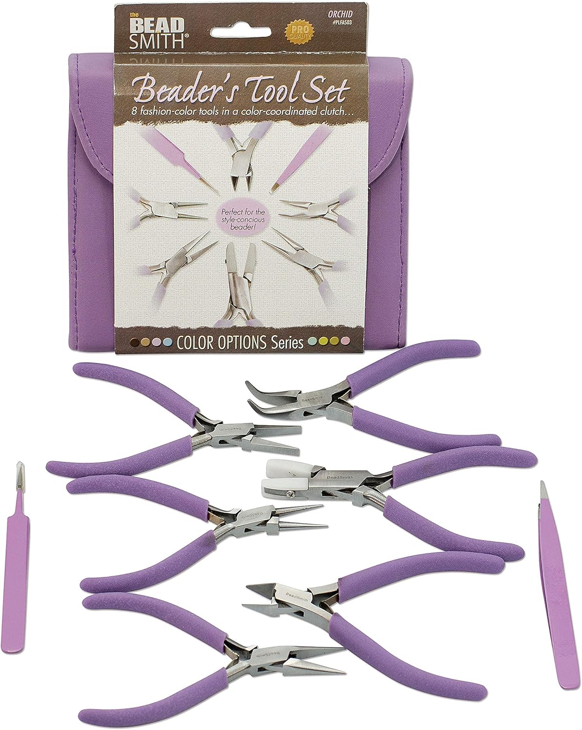 The Beadsmith Fashion Color Pliers – Set of 8 Slimline Color-Coordinated Tools – Matching Clutch in Orchid – Jewelry Making Supply Kit to Create Necklaces, Bracelets, Earrings & More