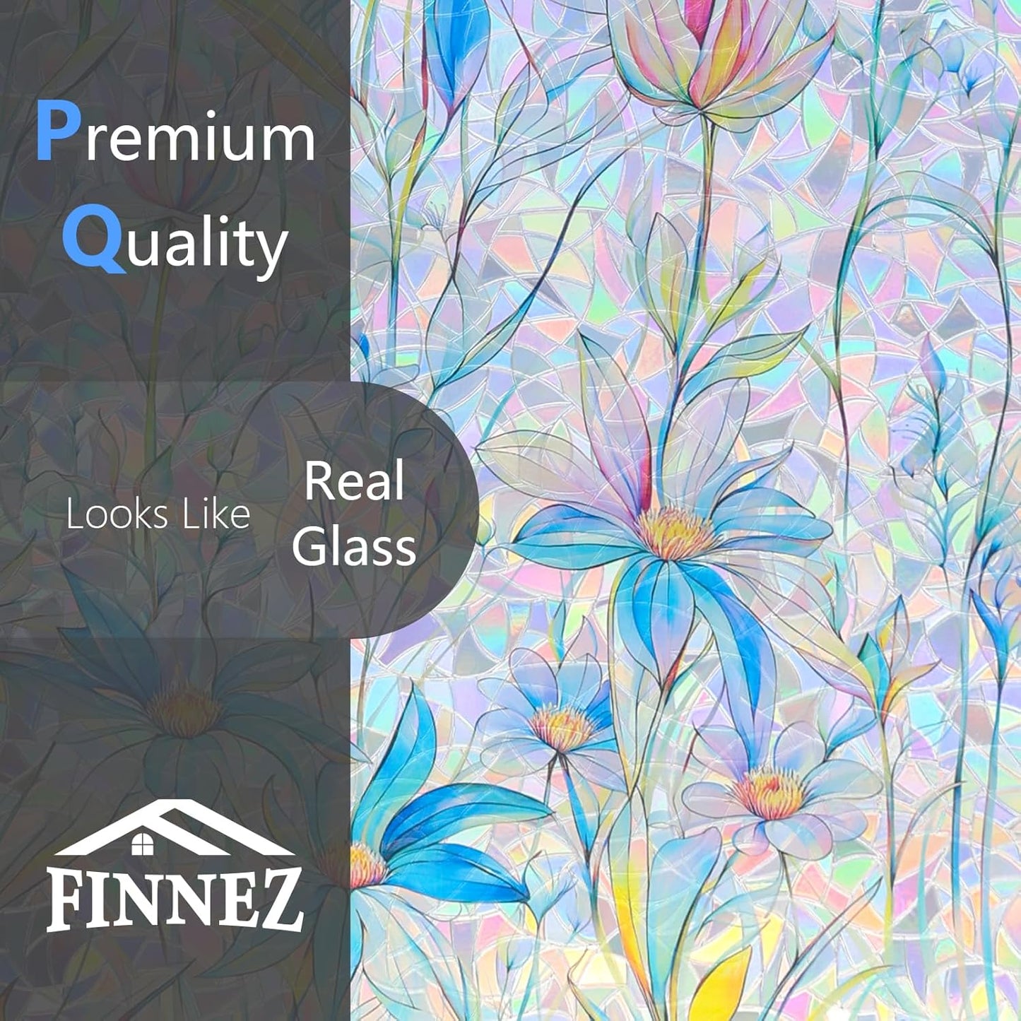 FINNEZ Window Privacy Film Stain Glass Film Flowers Rainbow Window Film Window Clings Non-Adhesive Reusable Decorative for Home(Blue Lotus,45.2 Inch x 6.5 Feet)