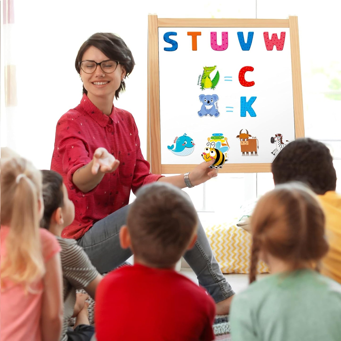 Large Magnetic Letters and Animals, Educational Learning Tool for Kids Word Recognition 52 Pieces Magnets Include 26 Colorful Alphabet Letters and Corresponding Cartoon Images