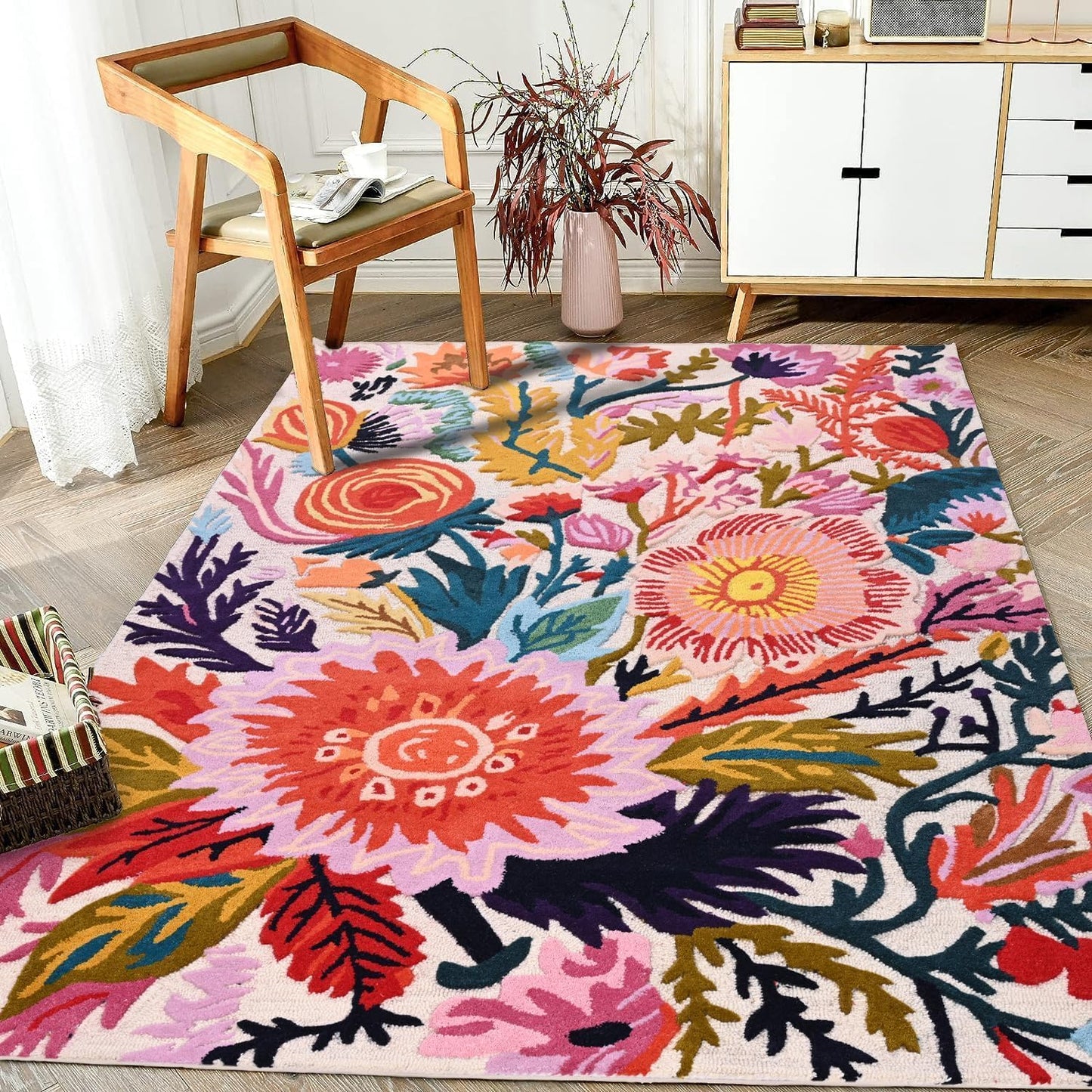 Handmade Wool Floral Area Rug for Living Room | Elegant Flower Garden Design, Soft, Thick and Durable | Bedroom, Dining Room & Home Decor Carpet (10' x 13', Floral E)