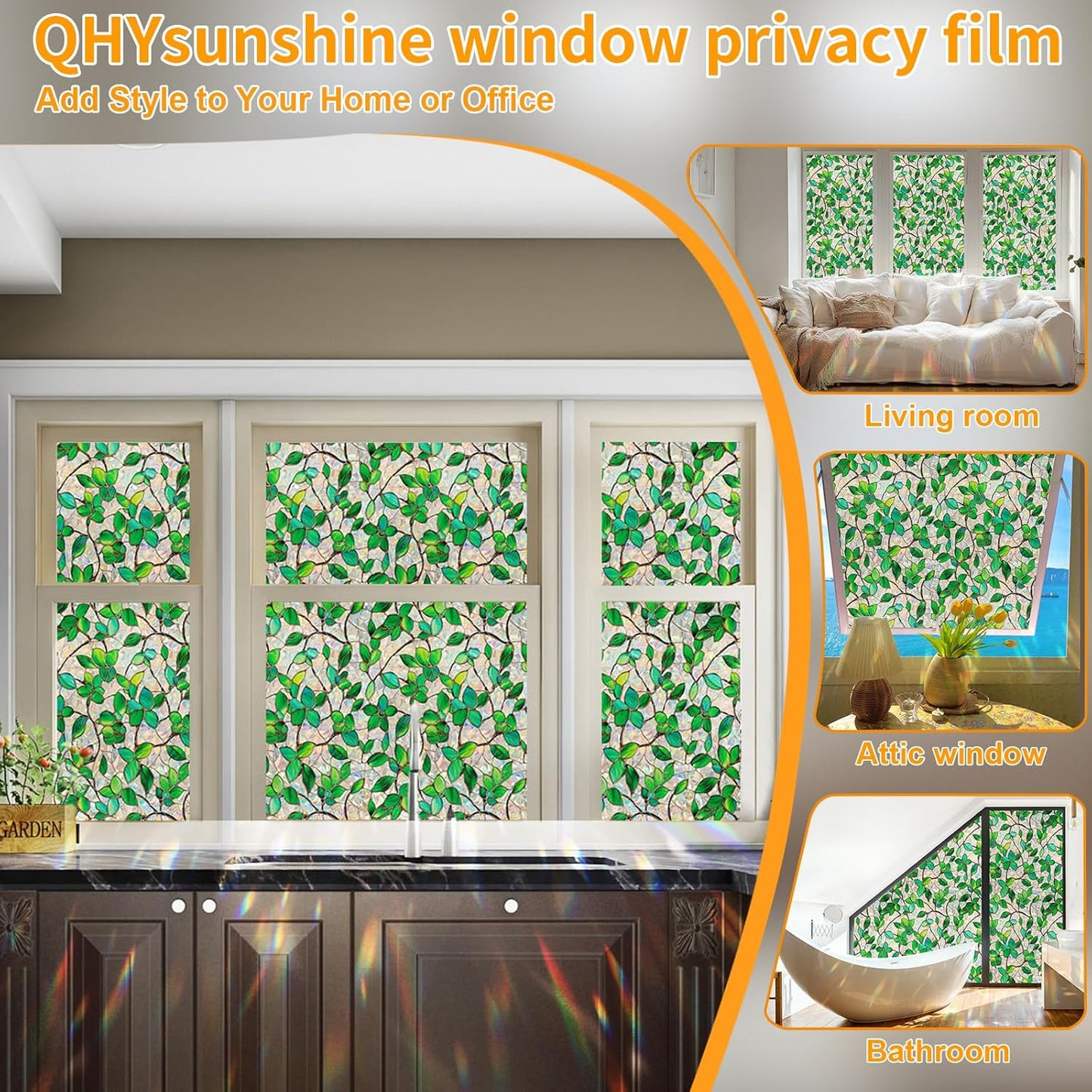 Stained Glass Window Privacy Film Decorative Rainbow Static Clings – Ideal for Home & Office, Adhesive-Free, Removable, UV-Blocking (Green Rainbow, 35.4 X 78.7 in)
