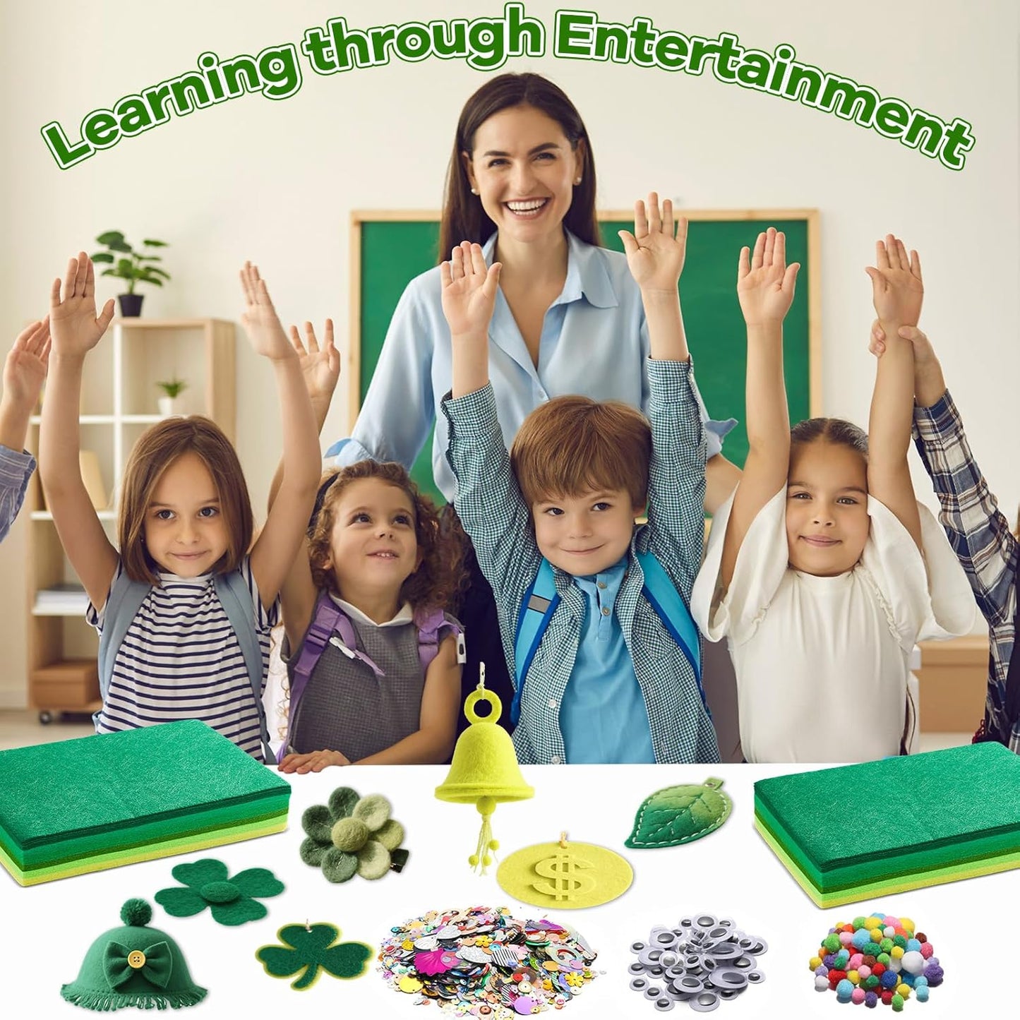 gisgfim 42Pcs Green Felt Fabric Sheets Craft 8 x 12 Inch Assorted Soft Green Gradient Felt Pack with Wiggle Google Eye Pompom Glitter Patchwork Craft for St. Patrick's Day DIY Sewing Project Decor