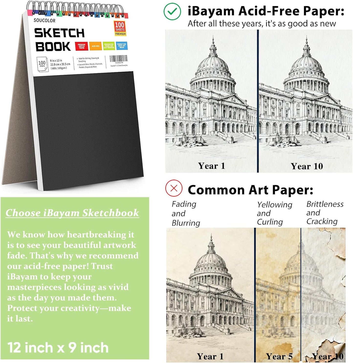 Soucolor 9" x 12" Sketch Book, 1-Pack 100 Sheets Spiral Bound Art Sketchbook, (68lb/100gsm) Acid Free Artist Drawing Book Paper Painting Drawing Writing Sketching Pad for Kids Adult Teens Girls Boys