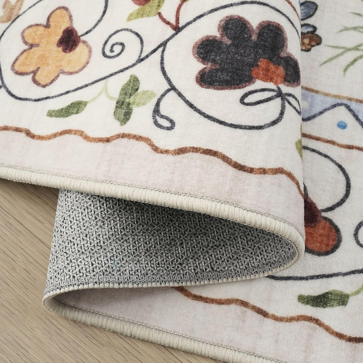 Rugcomf Bedroom Rug 3x5 Rug Washable Area Rug Non Slip Low Pile Boho Floral Animal Cat Small Carpet for Bedroom Bedside Kitchen Entryway Kids Room Office College Dorm Essentials for Girls, Beige
