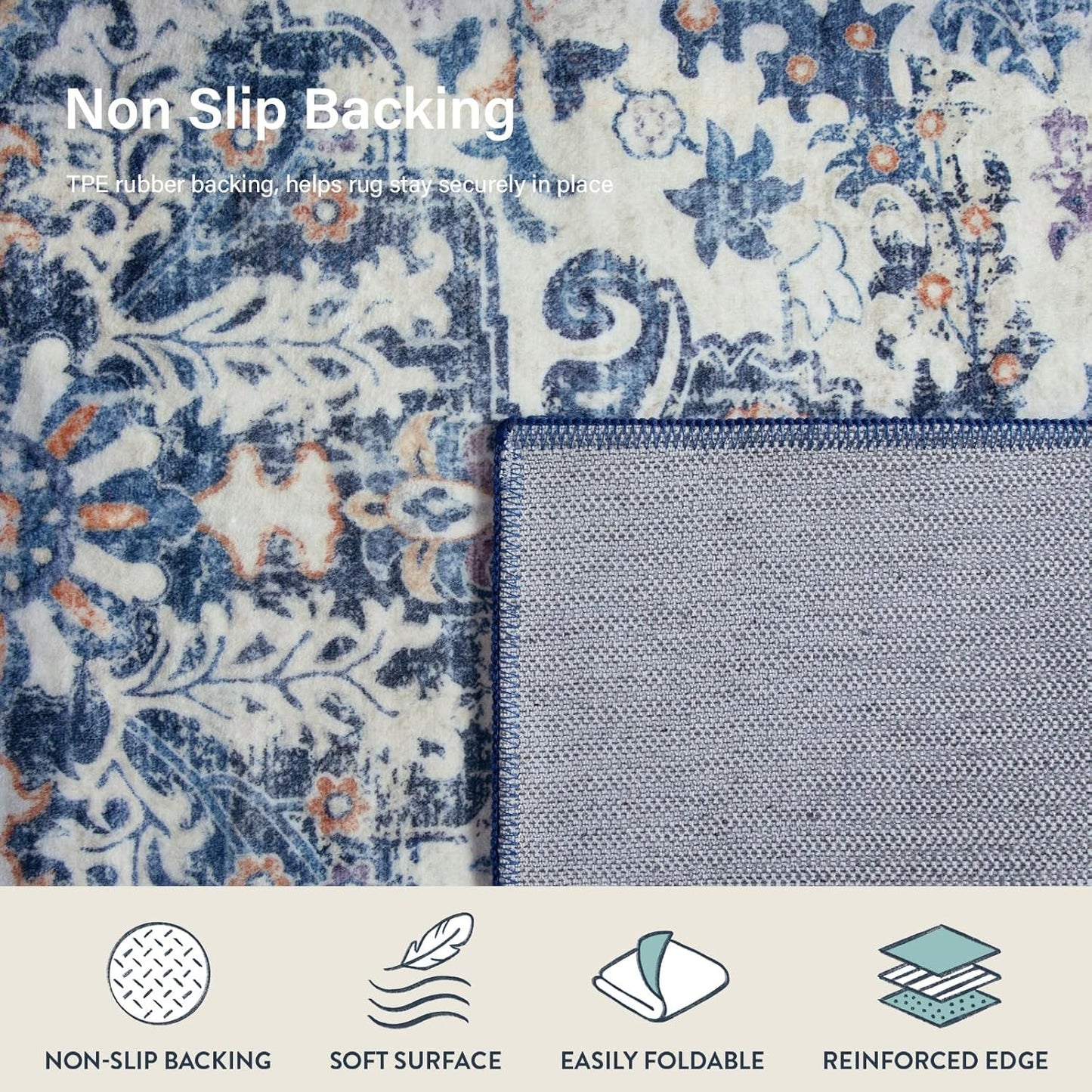 Lahome Round Rug 5'3"Ft, Large Washable Dining Room Round Area Rug Soft Kitchen Circle Rug, Bohemian Non-Slip Non-Shedding Printed Indoor Carpet for Bedroom Entryway Bathroom, Blue Purple/Multi