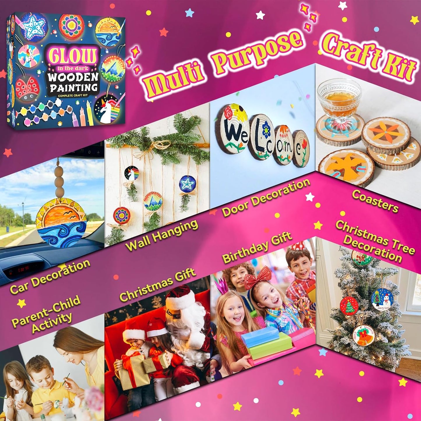 klmars Kids Wooden Painting Kit-Glow in The Dark-Arts & Crafts Gifts for Boys Girls Ages 5-12-Craft Activities Kits - Creative Art Toys for 5, 6, 7, 8, 9, 10, 11 & 12 Year Old Kids