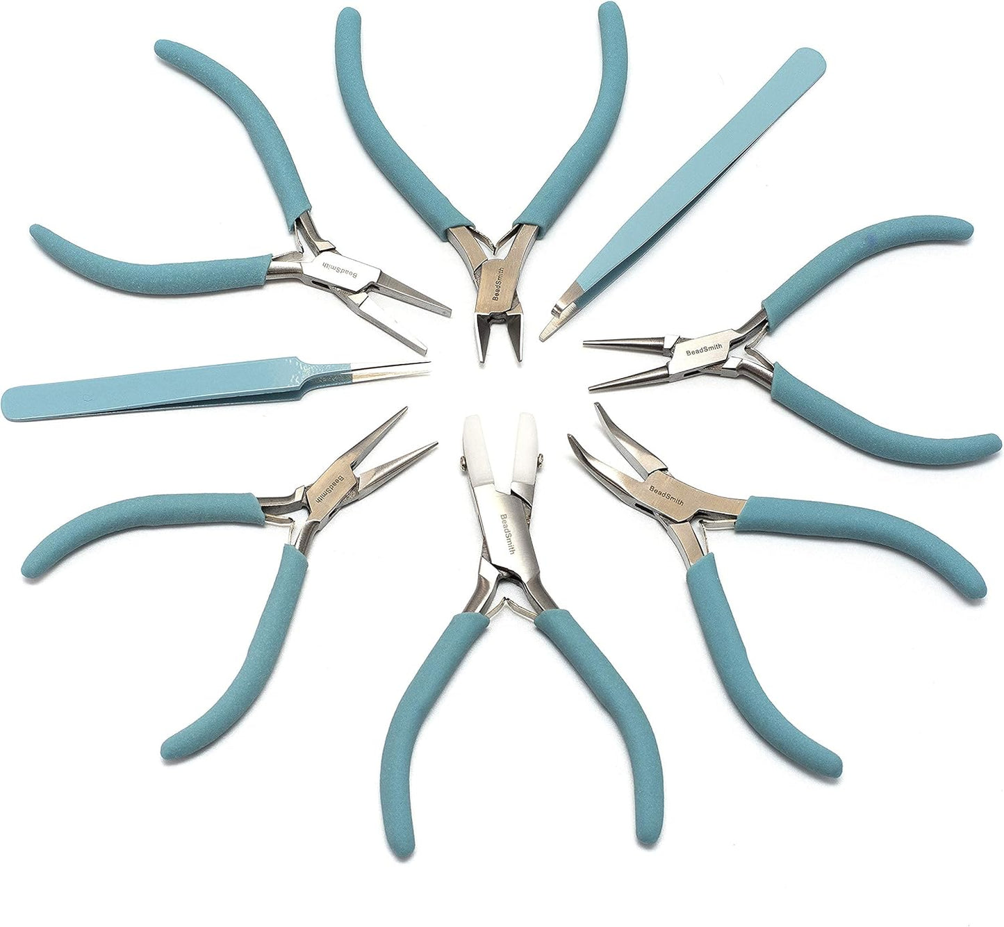 The Beadsmith Fashion Color Pliers – Set of 8 Slimline Color-Coordinated Tools – Matching Clutch in Light Blue – Jewelry Making Supply Kit to Create Necklaces, Bracelets, Earrings & More