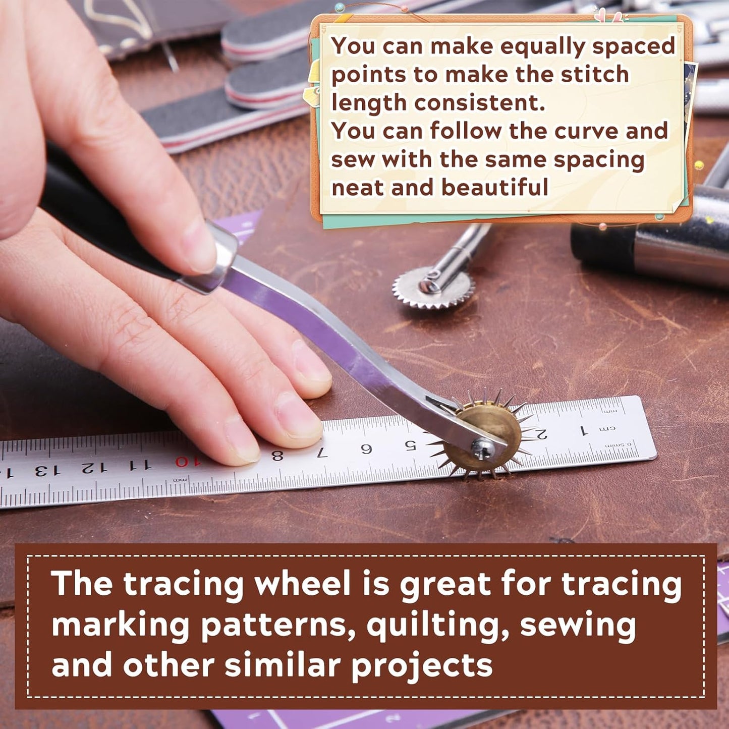 2PCS Tracing Wheel,Professional Stitch Marking Spacer,Wood and Stainless Steel Pounce Wheel,Pounce Wheel for Sewing Patterns with Wooden Handle forTracing Paper and Leather Crafts