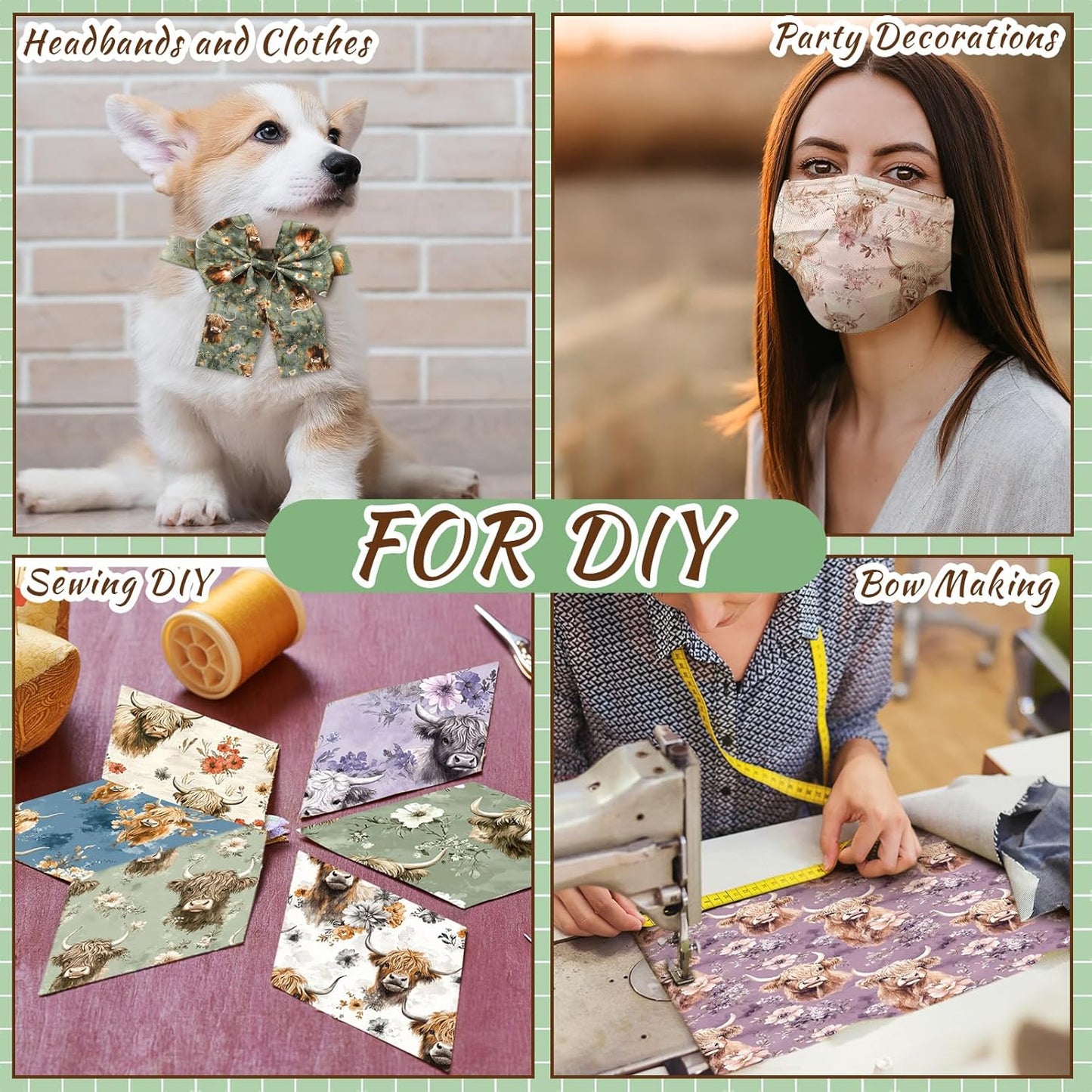 Ganeen 60 Pcs 10 x 10 Inch Highland Cow Quilting Fabric Squares Vintage Highland Cow Fat Patchwork Precut Strips Retro Multicolor Fabric Bundles for Holiday DIY Craft Sewing Quilt Material Handmade