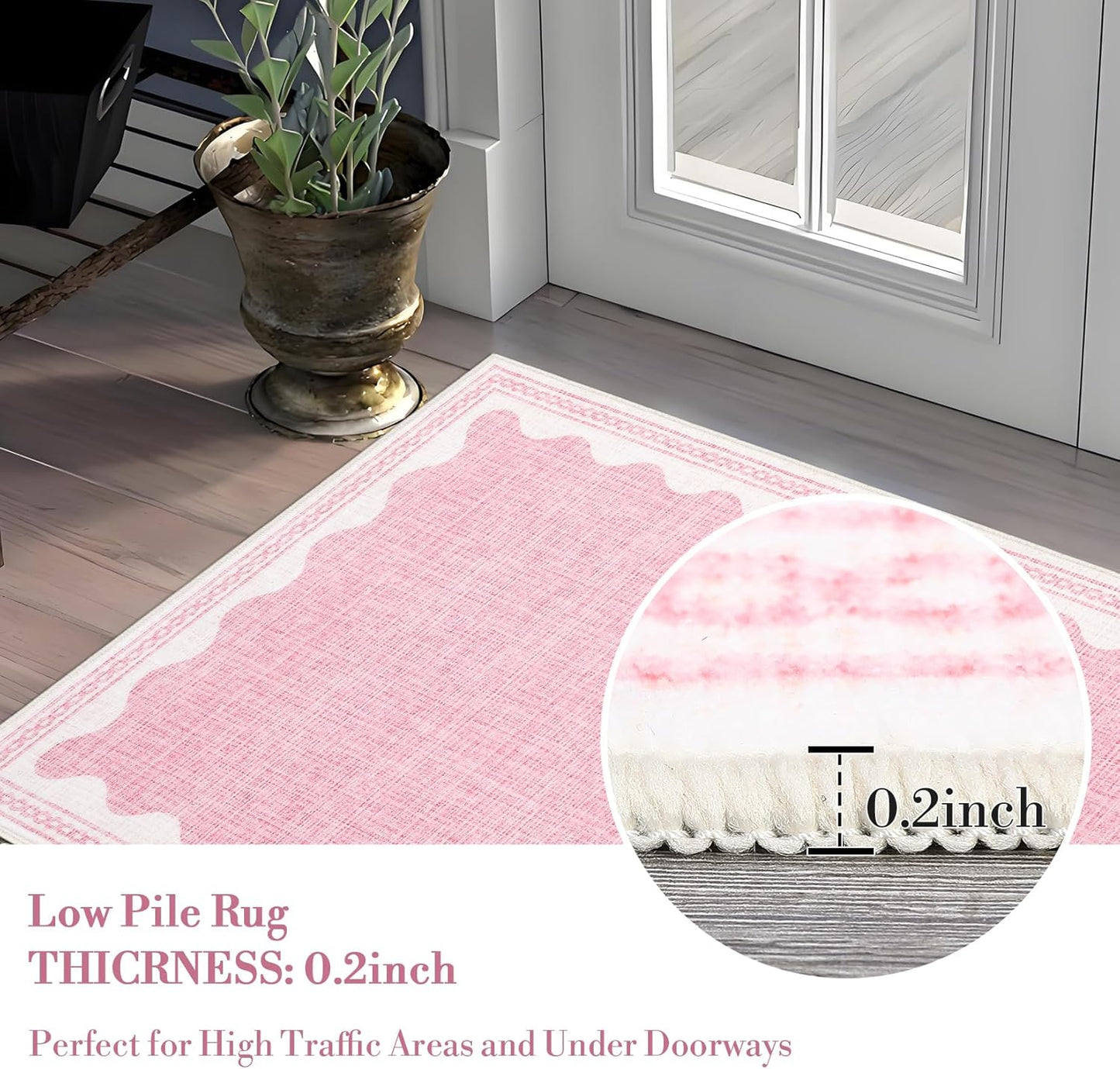 Scalloped Washable Rug 9x12 Area Rugs for Living Room, Solid Pink Rug for Bedroom Girls, Non Slip Throw Mat with Rubber Back, Soft Dorm Nursery 9x12 Carpet for Dining Room