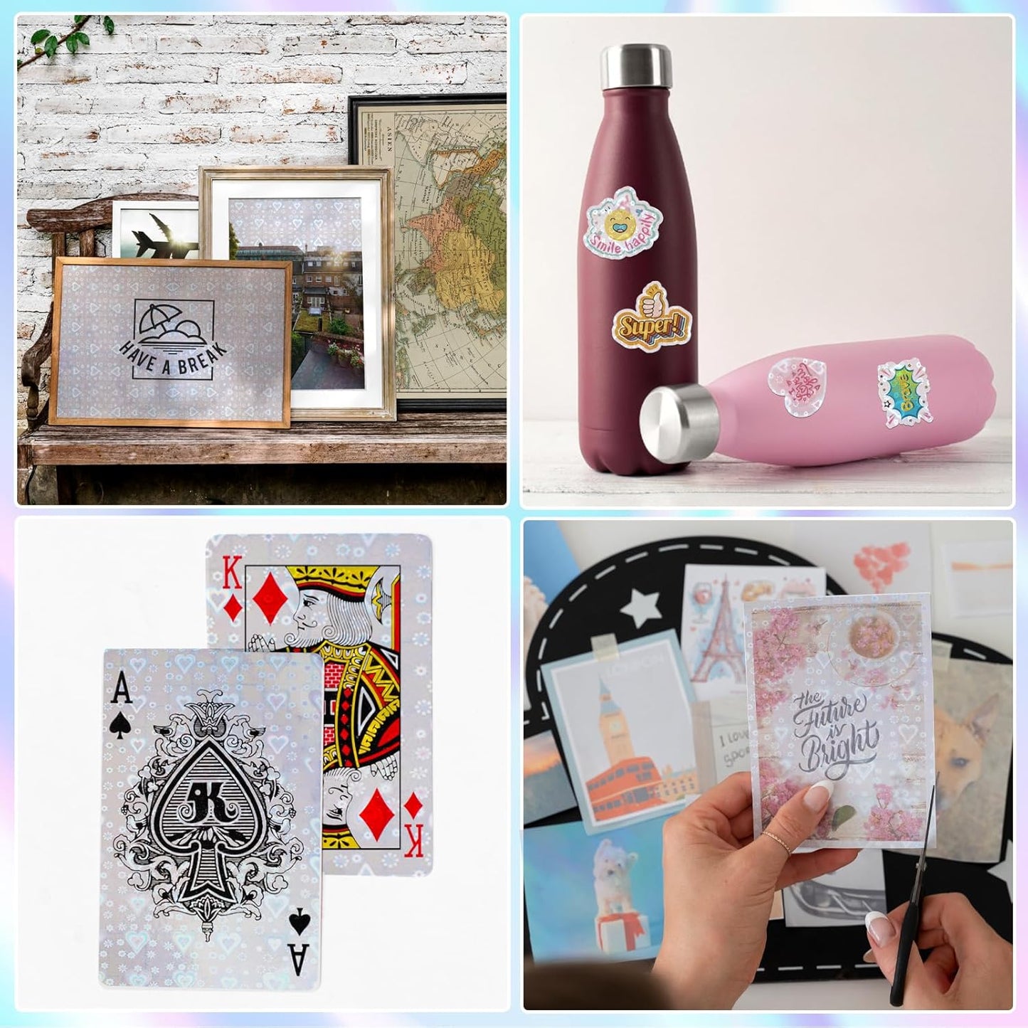 36 Sheets Holographic Sticker Paper,Holographic Laminate Sheets,A4 Size Clear Vinyl Sticker Sheets Self-Adhesive Rainbow Overlay Sheets,11.7 x 8.3 Inches(Heart)