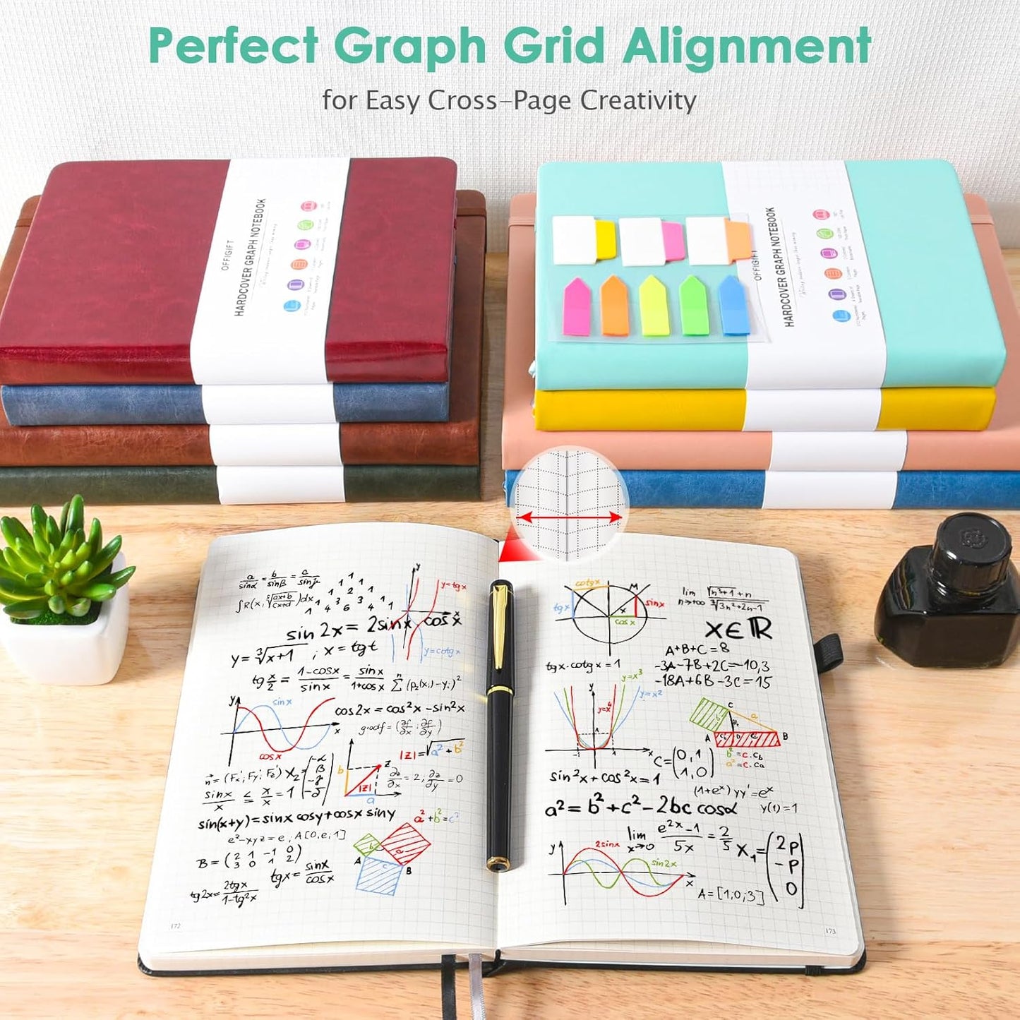 5 Pack Graph Paper Notebook, 312 Numbered Pages Graph Notebook Bulk, 100gsm No Bleed Grid Paper Notebooks for Work, Hardcover Leather Journal, Squared Grid Notebook for Graphing Notes Math, Multicolor