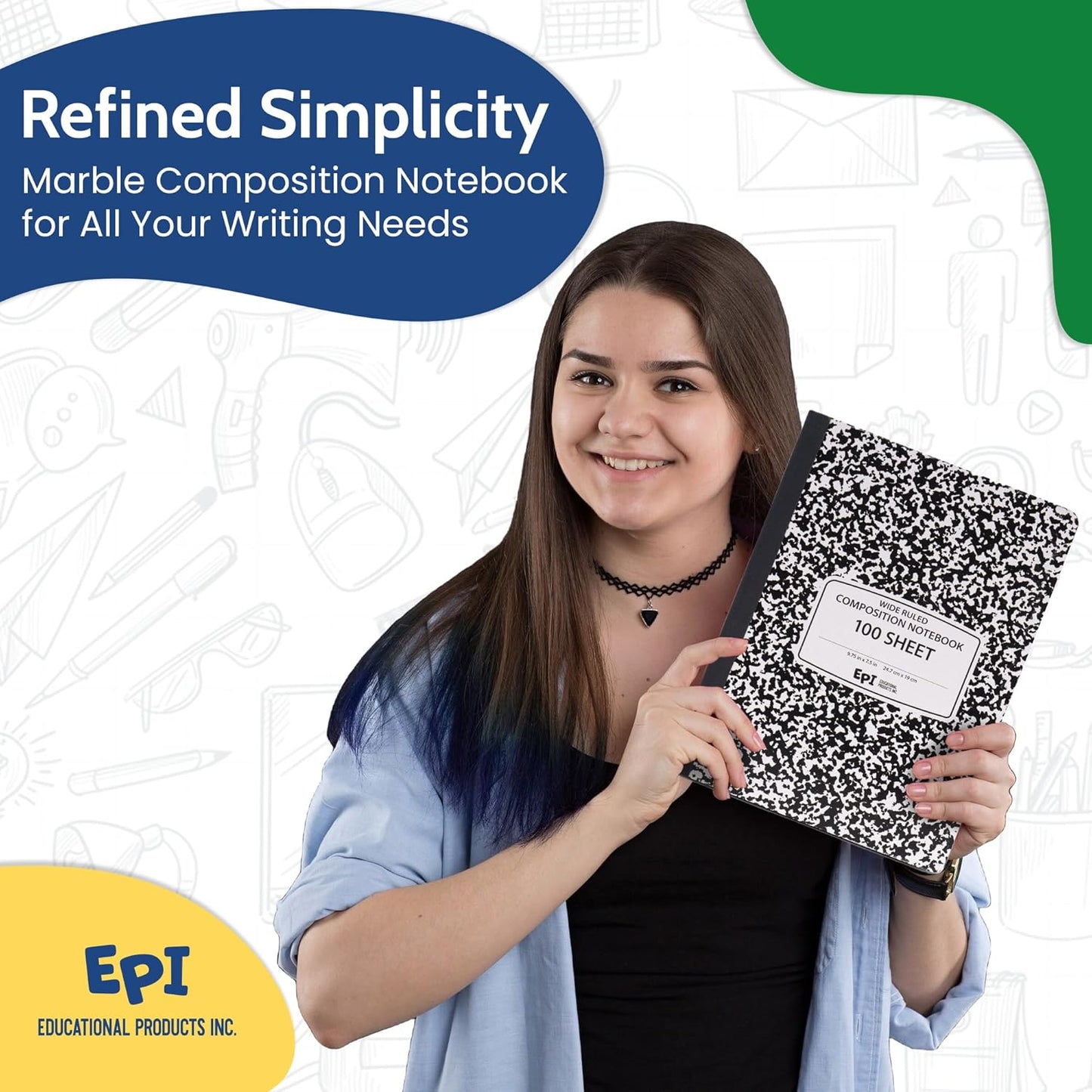 EPI Marble Hardcover Wide Ruled Composition Notebook | 200 Pages (100 Sheets), 9.75 x 7.5 in, Sturdy Sewn Binding | School, Office, Journaling, Notes - 24 Pack