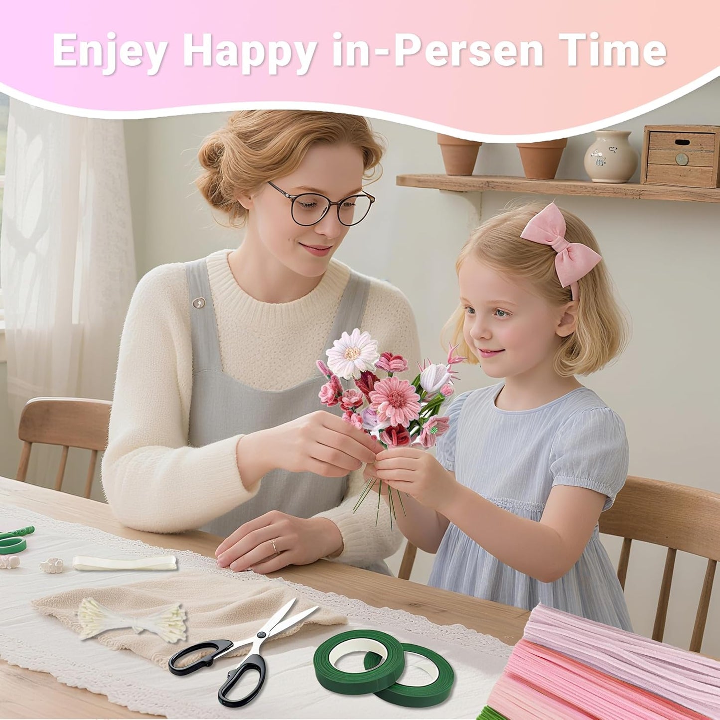 400 Pcs Pipe Cleaners Craft Kit and Craft Supplies Set, 4 Colors Chenille Stems Craft Kits. Includes Floral Tape, Wire, Stems and More, DIY Arts and Crafts Supplies for Flower Making (Pink)